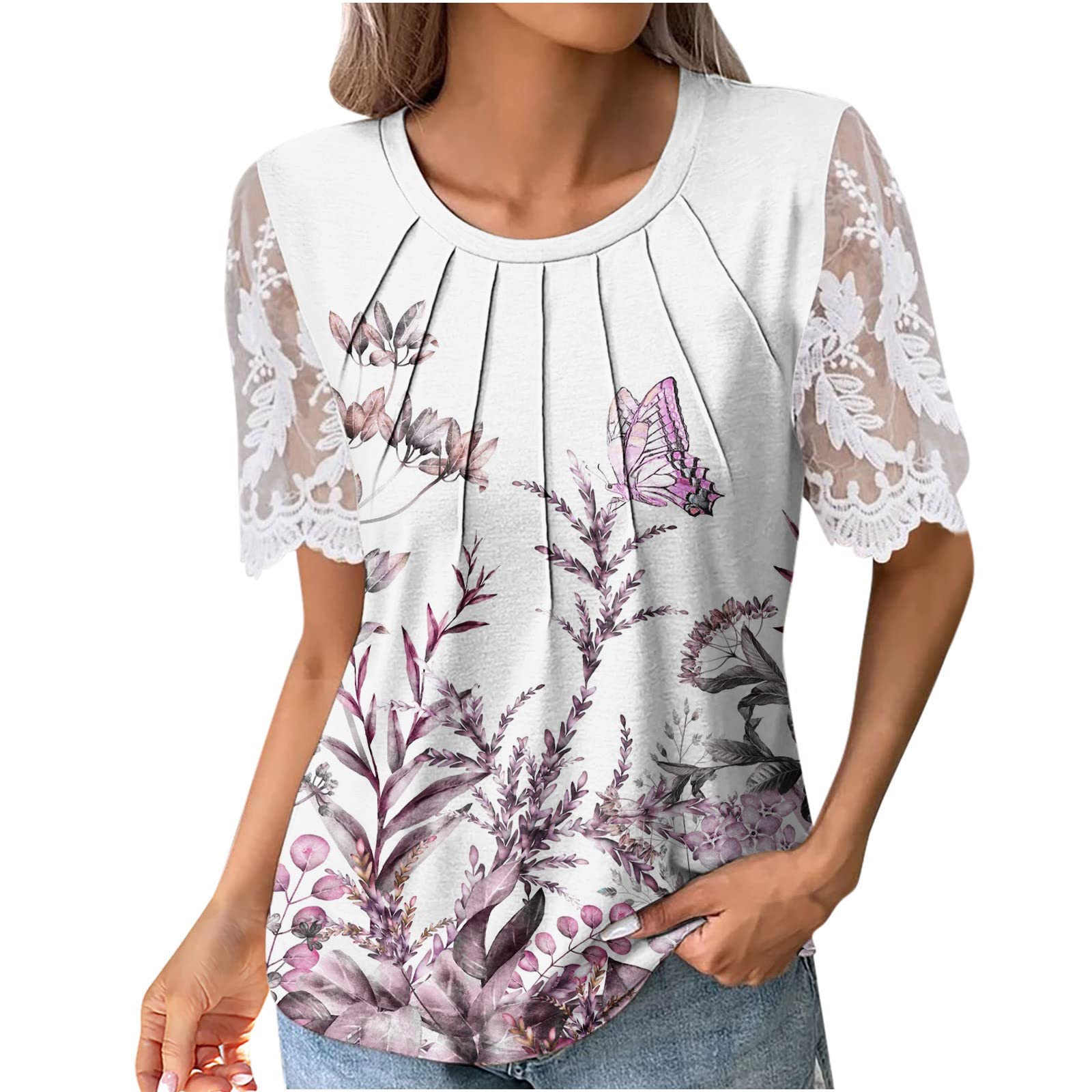 AMhomelyUK Women Shirts and Blouses Sale Solid T-Shirt Lace Short Sleeves Blouse Round Neck Casual Pleated Slim Fit Tops Ladies Gypsy Top Lovely Comfortable Top Blouse Shipping 7 Days