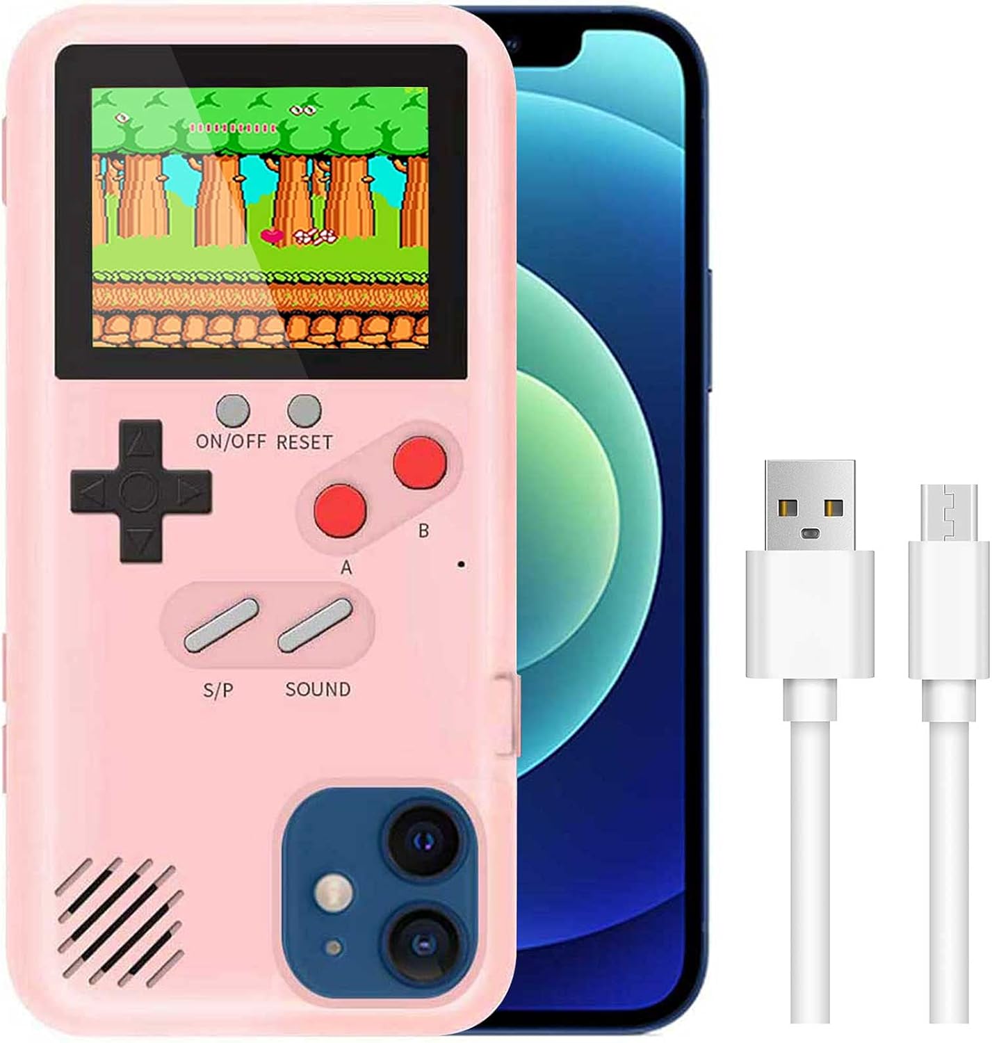 LIOWE Gameboy Case for iPhone, 3D Handheld Retro Game Console Phone Protective Case with 36 Small Game, Shockproof Video Game Case for iPhone 6/6s/7/8, Pink