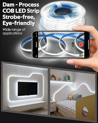 Miniatura 5 de Tira de luces LED COB blancas de 65.6 pies/rollo con proceso de presa, 6500 K, 24 V, tiras de luz LED con control remoto, luz LED COB regulable luz