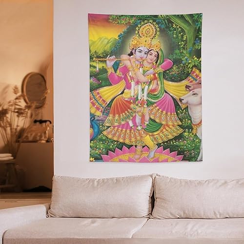 Miniatura 6 de Hinduismo Dios Decoración Religión Tapiz Krishna y Radha Tapiz decorativo Pintura decorativa de poliéster arte de pared de sala de estar, tapices de