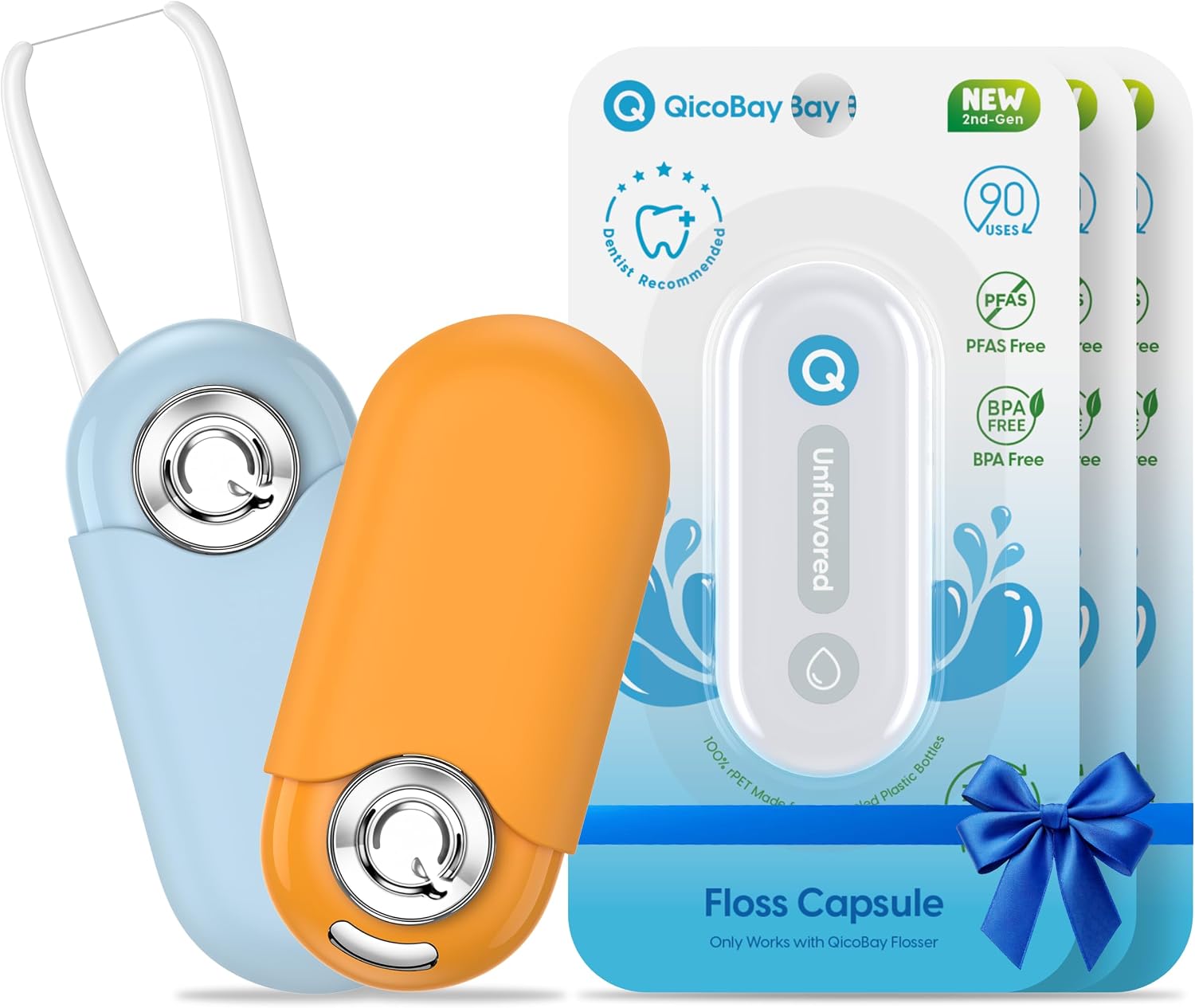UpFlosser C1S Value Color Duo Bundle, 2 UpFlosser C1S + 3 Extra Unflavored Floss Capsules, Reusable Auto-Restringing Flosser for Quick & Deep Clean (Wave Blue + Twilight Orange)