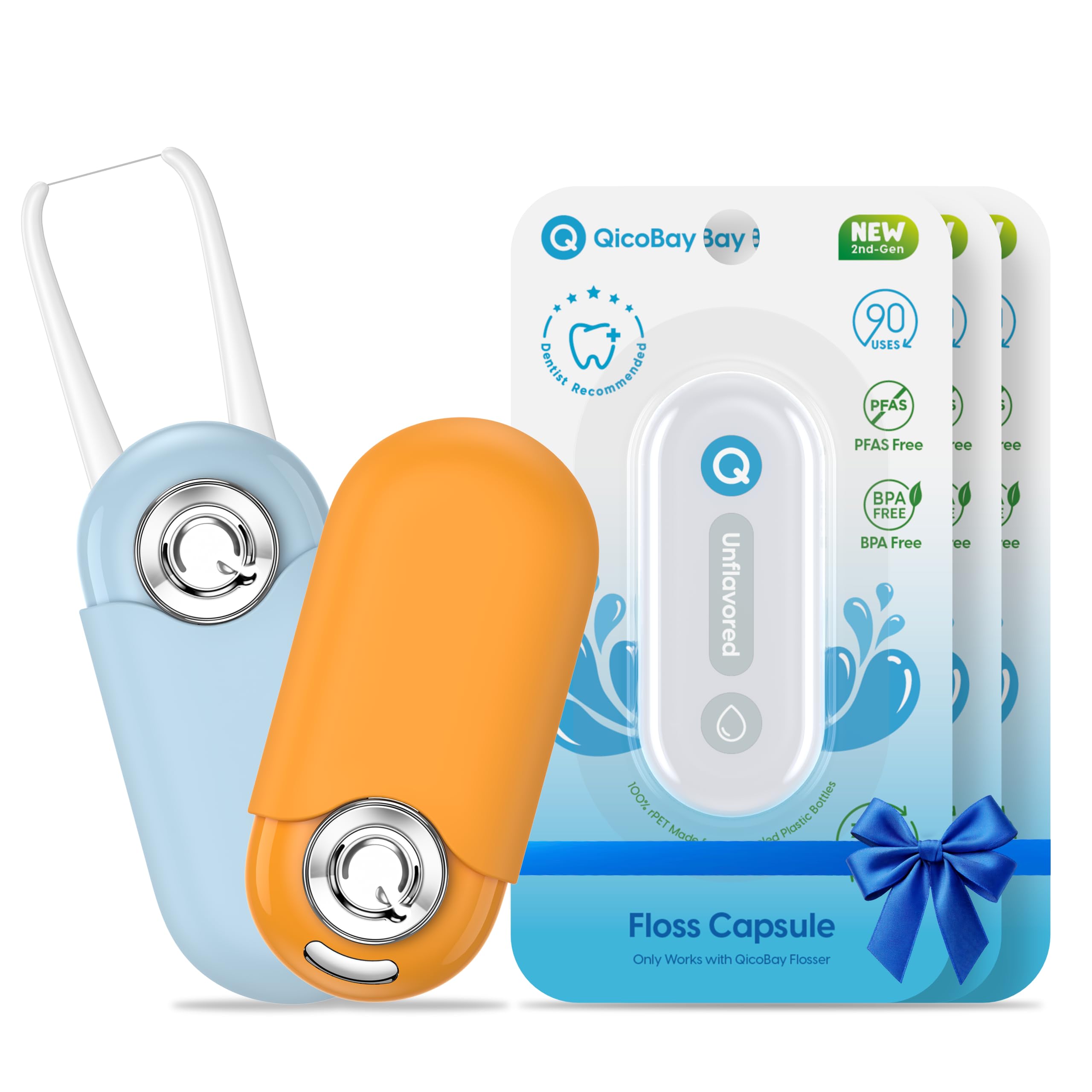 UpFlosser C1S Value Color Duo Bundle, 2 UpFlosser C1S + 3 Extra Unflavored Floss Capsules, Reusable Auto-Restringing Flosser for Quick & Deep Clean (Wave Blue + Twilight Orange)