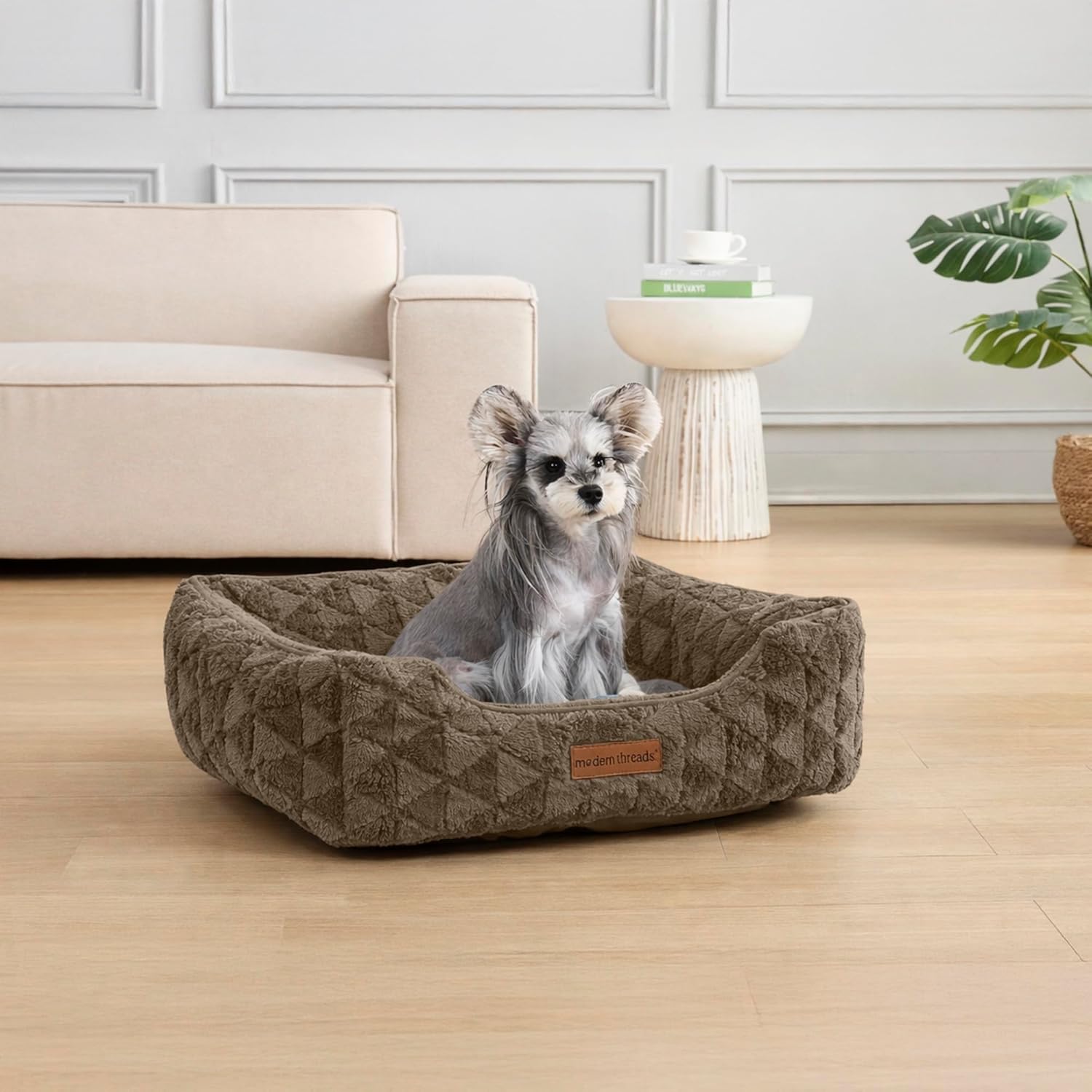 Modern Threads Ultra Soft Plush Pet Bed for Medium Dogs with Elegant Texture and Stylish Design, Removable Washable Cover, Brown, (28" L x 21" W x 9" Th)