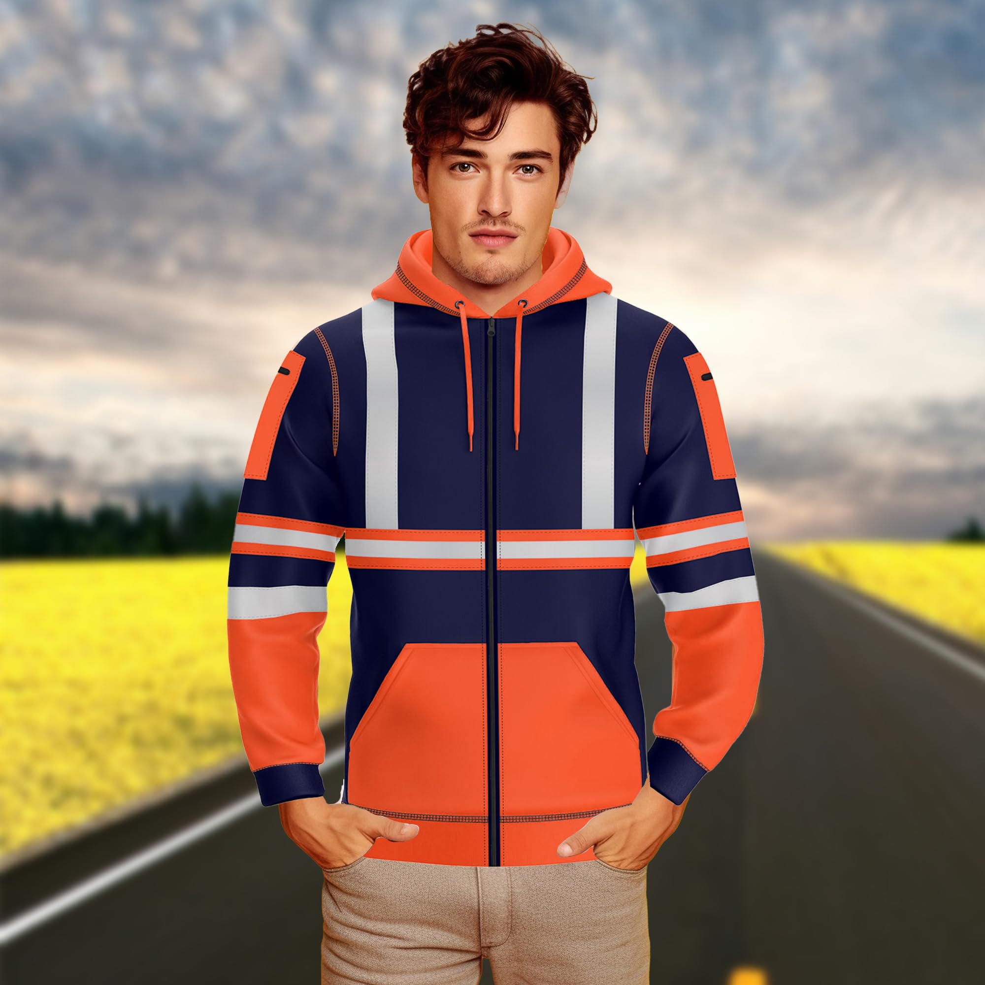 NOROZE Sudadera Alta Visibilidad Hombre con Capucha y Cinta Reflectante Cremallera Completa