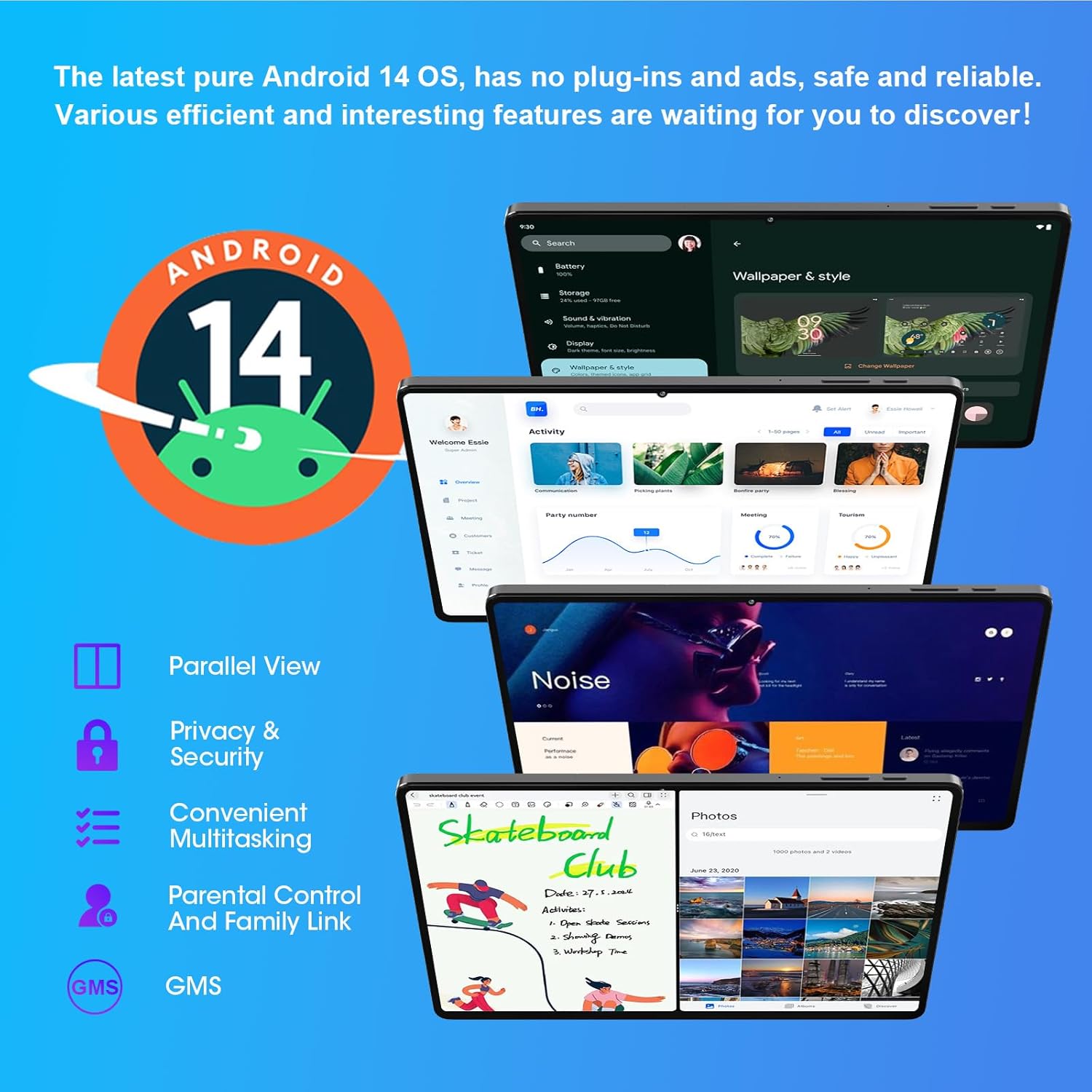 CWOWDEFU P25L Tablet showing Android 14 interface with features like Parallel View, Privacy & Security, Multitasking, Parental Control
