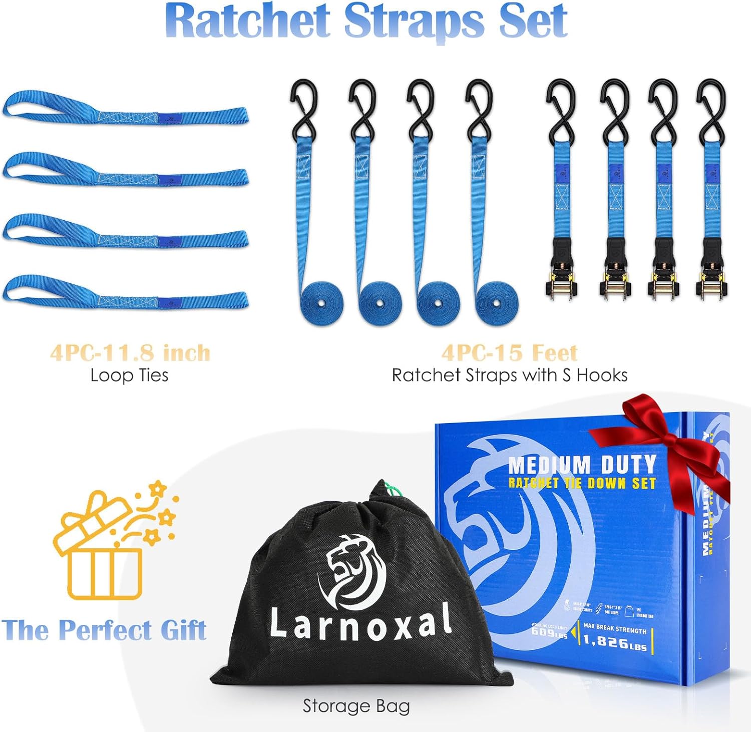 Ratchet Straps 4 Pack - 1,826 Lbs Break Strength 1 in x 15 Ft Medium Duty Ratchet Tie Down Straps with S Hooks Set for Truck, Cargo Van, Trailer, Motorcycle (Blue) - Image 2