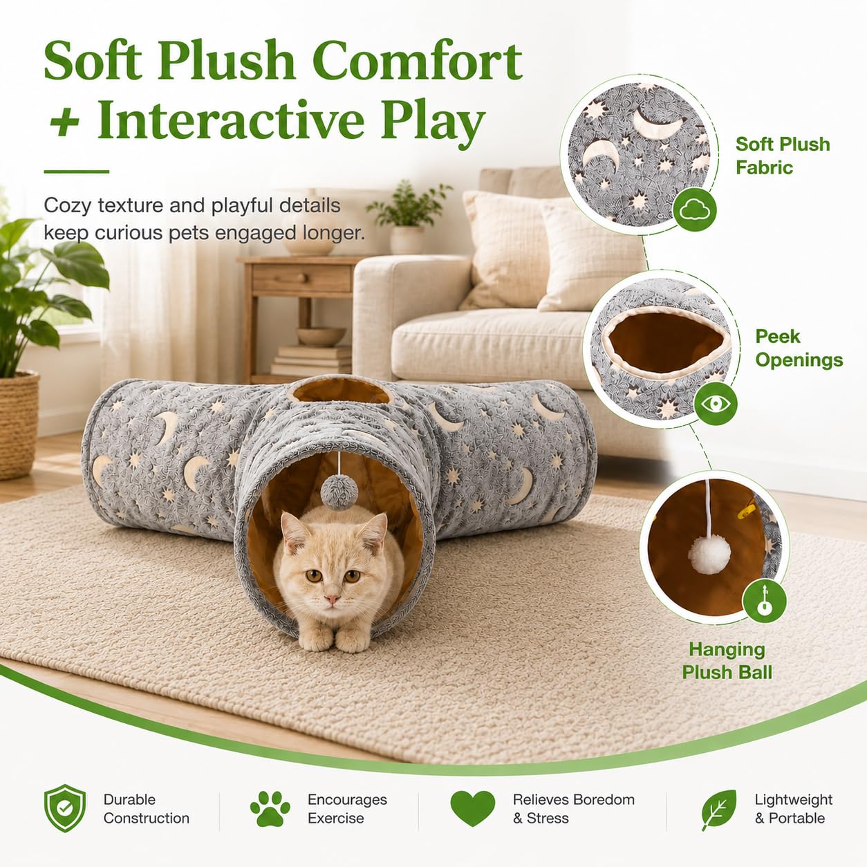 Túnel de tubo para gatos con bola de felpa plegable, autoluminoso, para gatos pequeños, conejos, gatitos, hurones, cachorros y perros, estrella lunar gris de 3 vías