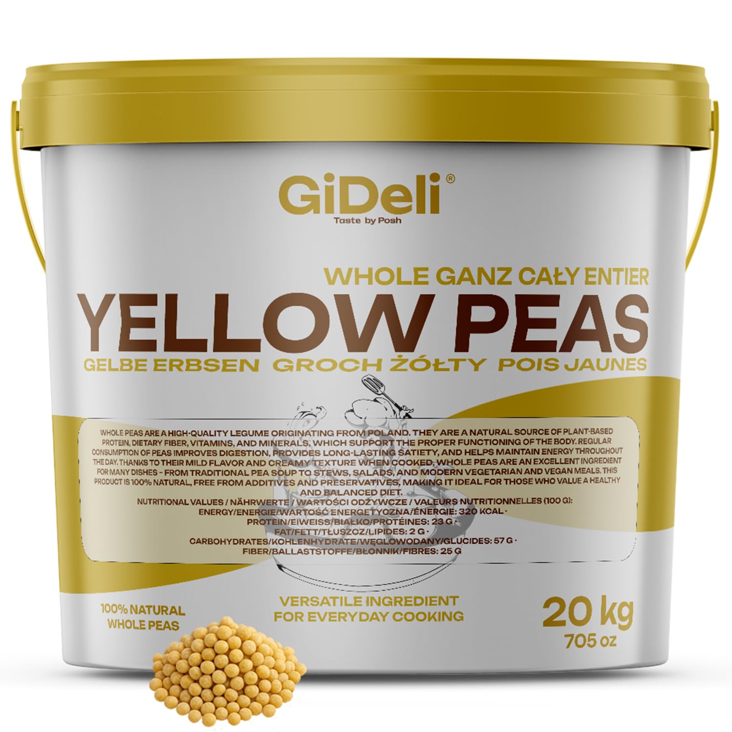 GiDeli Gelbe Erbsen Getrocknete 20 kg im Eimer - ungeschält, Ganze - proteinreich, ballaststoffreich, vegan - ohne Zusatzstoffe, für Suppen, Eintöpfe, Gulasch, Salate & Püree