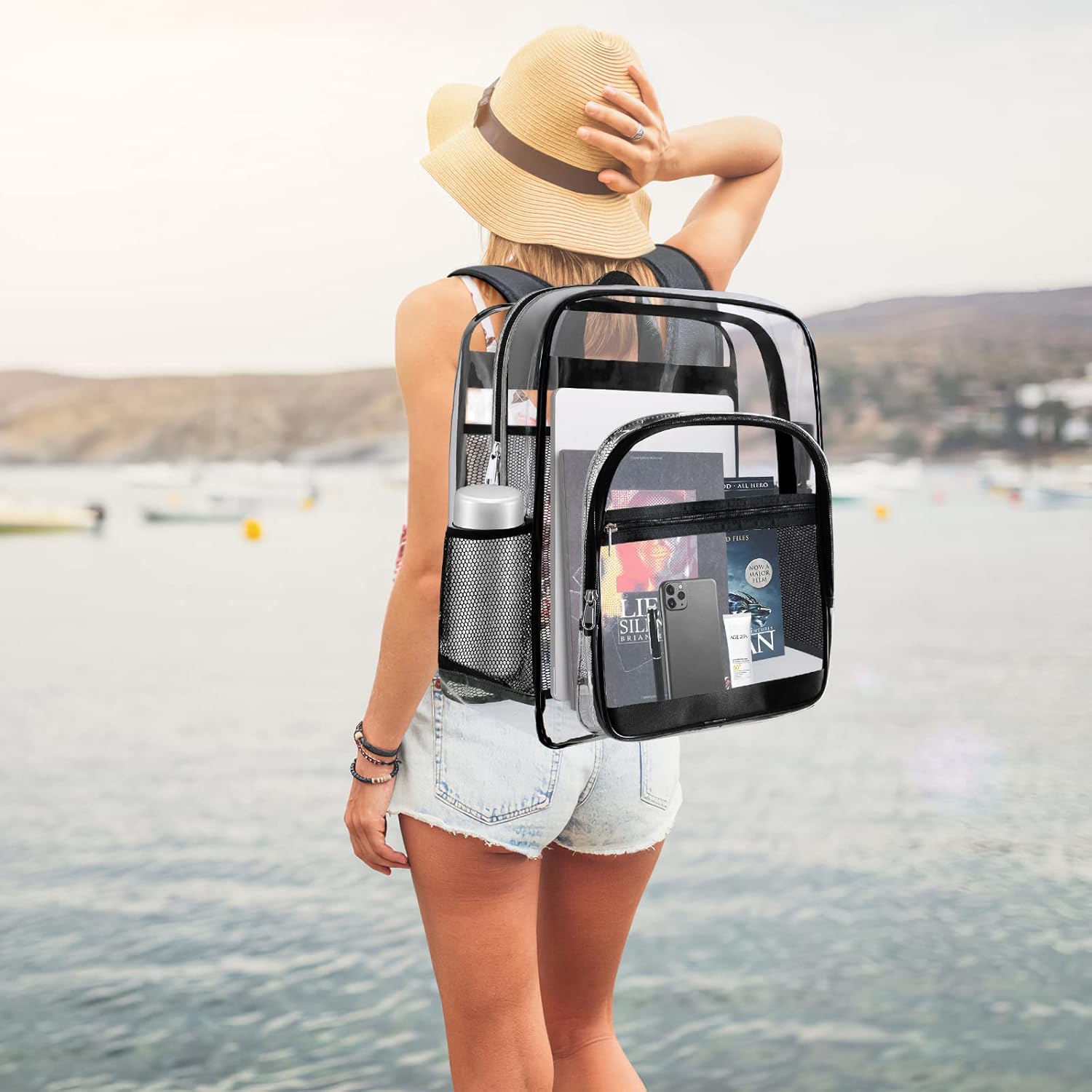 Clear Backpack, Clear Bookbag for School, Waterproof PVC Plastic Material, Reinforced Shoulder Straps Heavy Duty Transparent Backpack, See-Through Schoolbag for Sports,Stadiums,Work, Travel, College