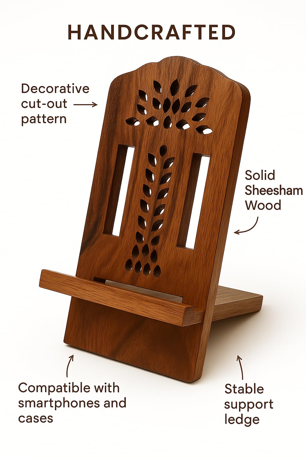 Mobile Stand Mobile Holder Sheesham Wood Mobile Landscape and Portrait All Phone Arts Wooden Mobile Stand, Smartphone Desk Holder for Office and Home (Brown, Sheesham Wood with Natural Finish) - Image 5 thumbnail