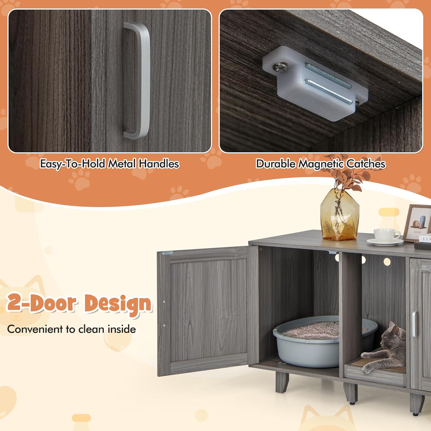 Giantex Cat Litter Box Enclosure - Cat Washroom Hidden Furniture, 2 Storage Cabinets, Removable Cat Scratcher, Air Vents, Detachable Legs, Wood Pet Crate Indoor Cat House TV Stand (Gray)