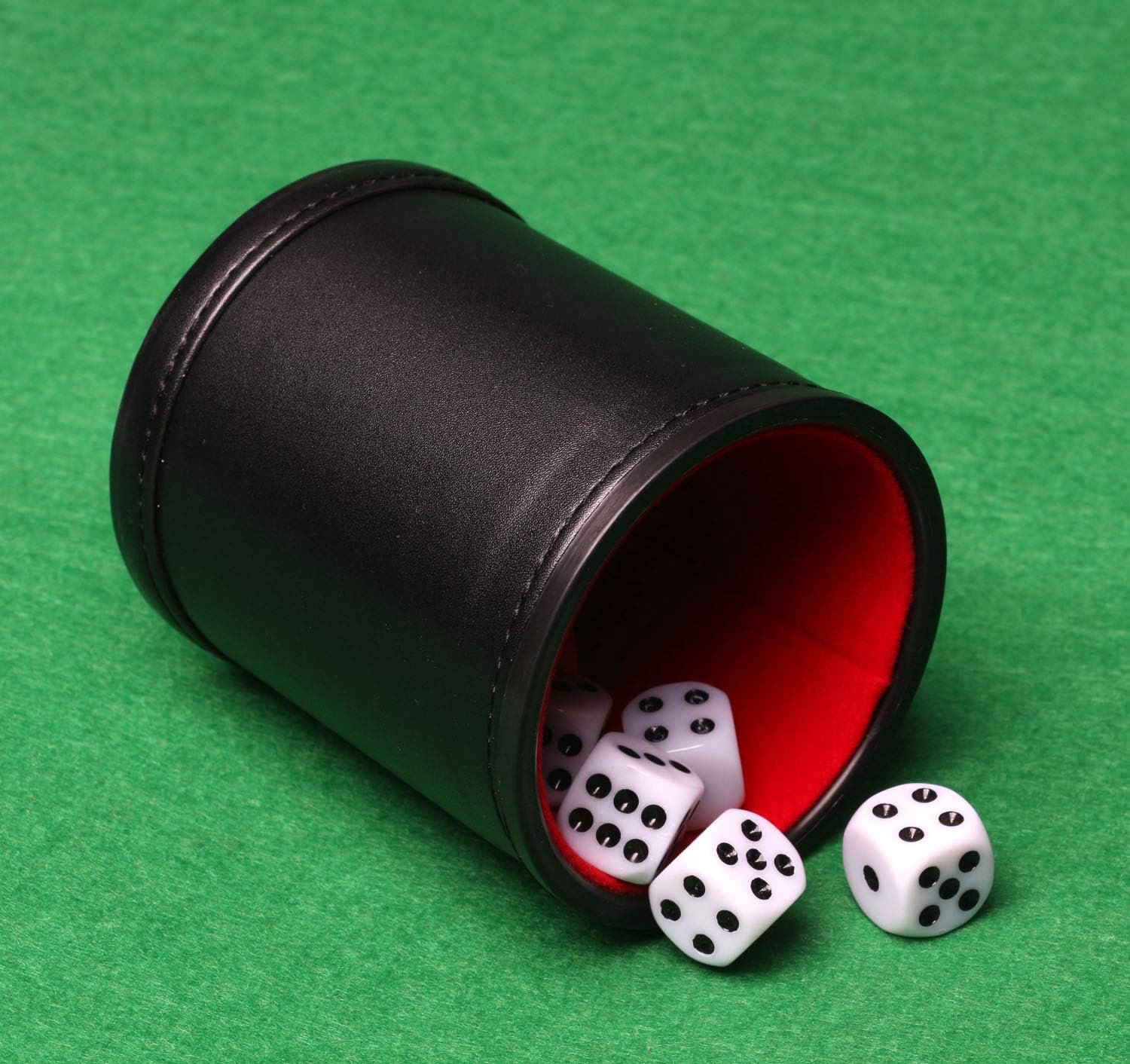 RERIVER 5 Pack PU Leather Dice Cup Set with 6 Dot Dices Felt Lined Quiet Shaker for Yahtzee Bar Party Family Dice Games,Red/Black