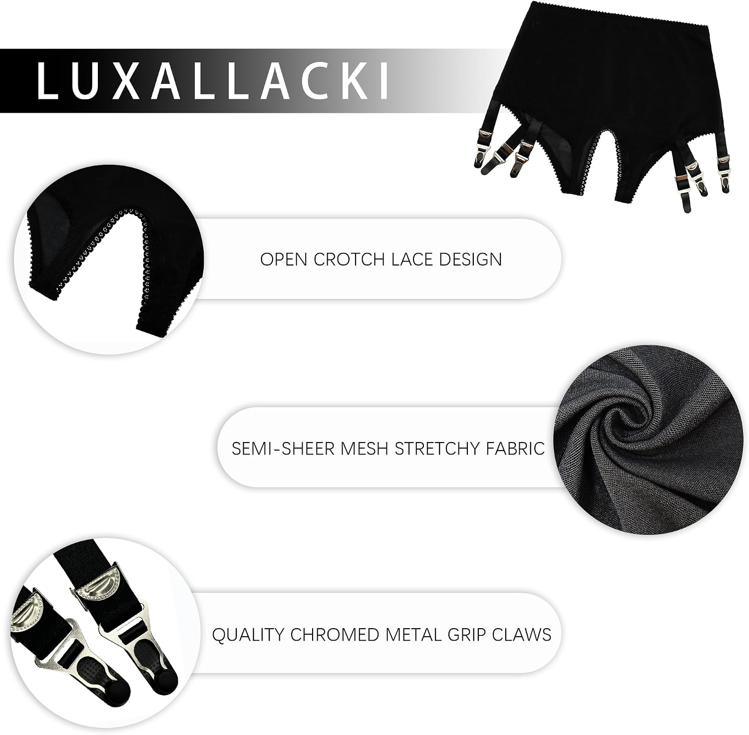Open-Crotch Garter Panty with Adjustable 6 Straps Suspender Belt Metal Clips, for Thigh-High Stockings