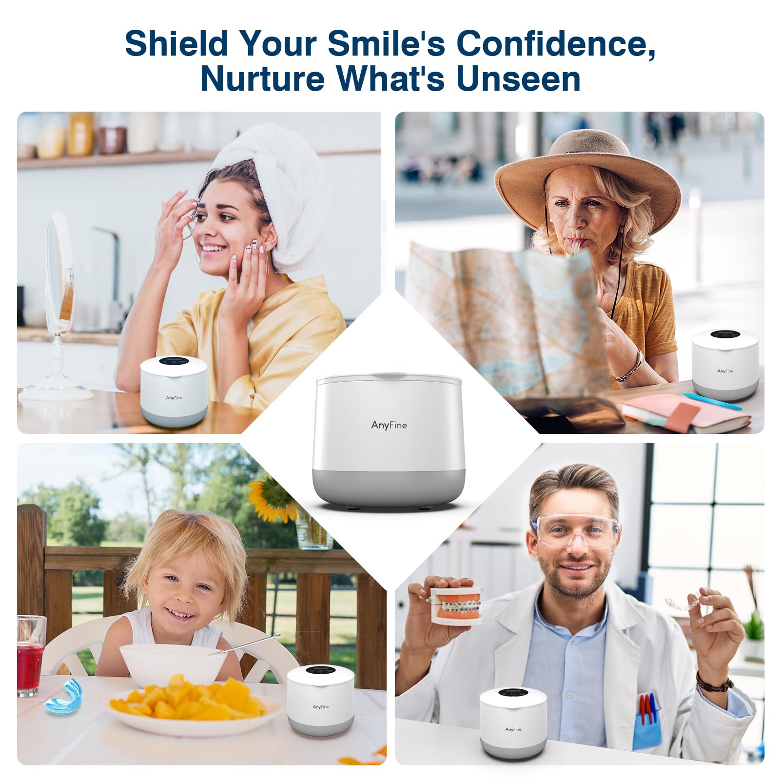 Limpiador ultrasónico avanzado para dentaduras, protectores bucales, aparatos dentales, cabezales de cepillo de dientes y joyas, sistema de limpieza trifásico de 45