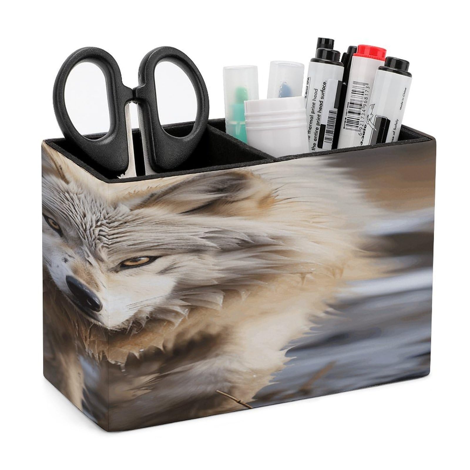 VstaDank Walking Wolf Pen Holder Double Compartments Pen Cup Fashion Makeup Brush Holders Leather Pencil Holder for Work Locker Accessories Modern Pencil Cup for Desk Organizer