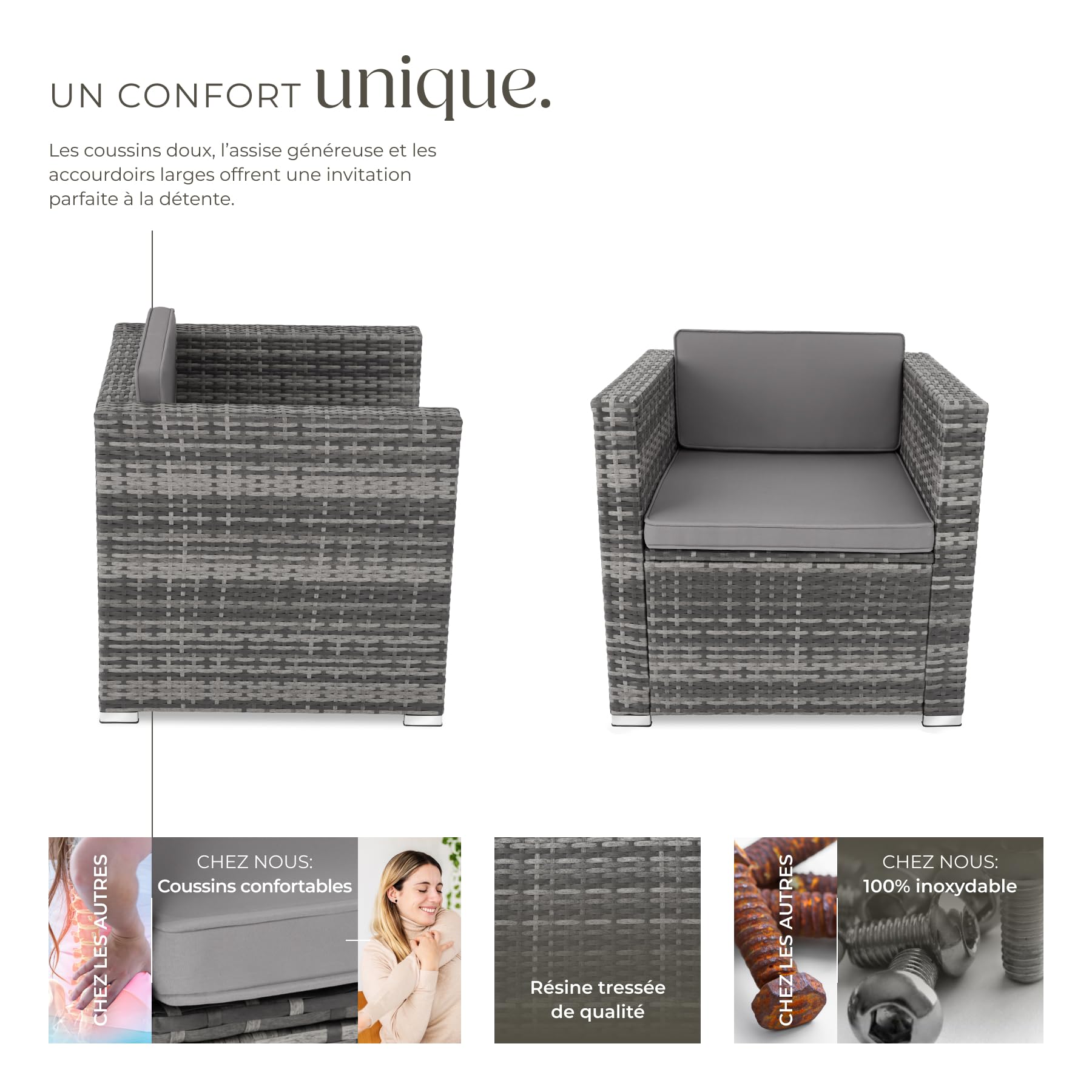 tectake® Fauteuil avec Accoudoirs pour Salon de Jardin Exterieur en Poly Rotin Salon de Jardin modulable Fauteuil Salon, Mobilier pour Amenagement Balcon Terrasse Veranda