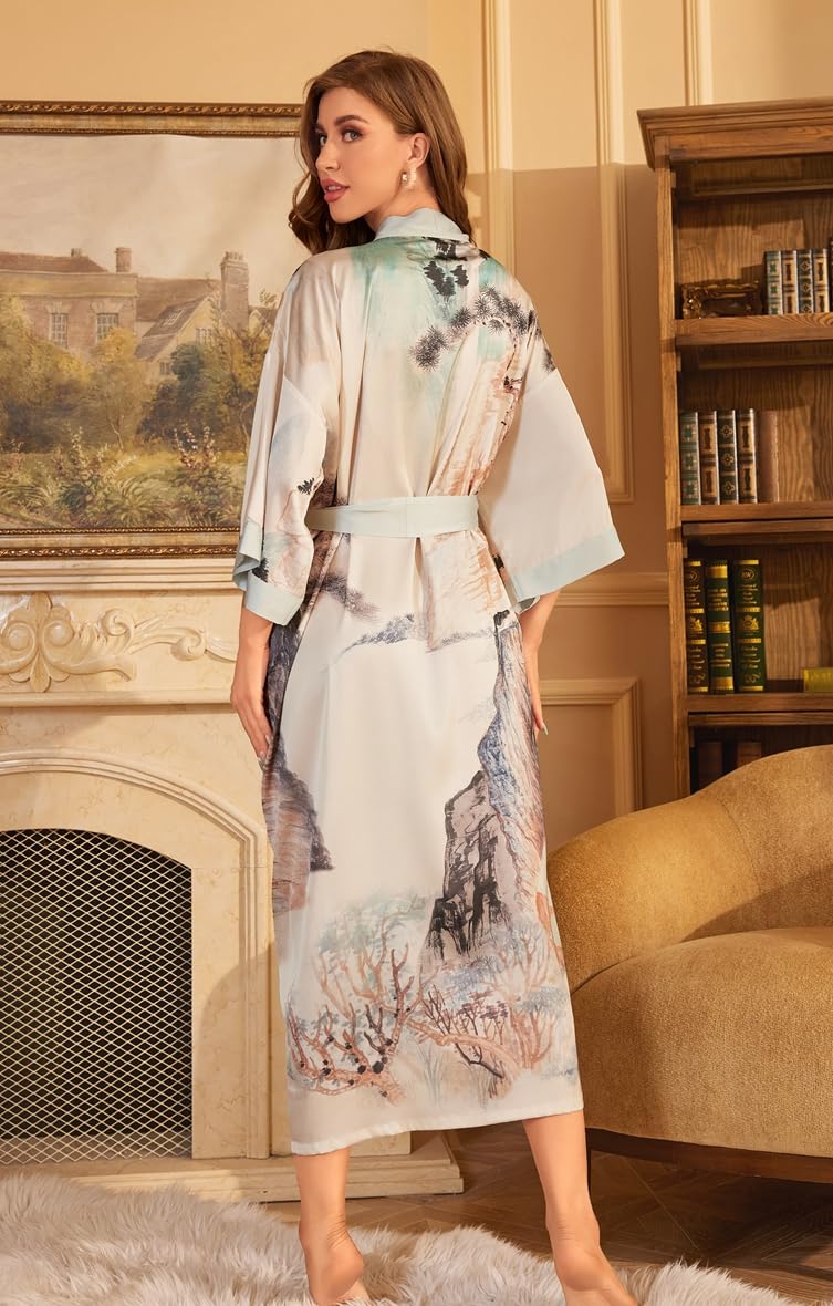 Accappatoio Donna Estivo Kimono Raso Stampato Seta Camicia da Notte Lunga Elegante