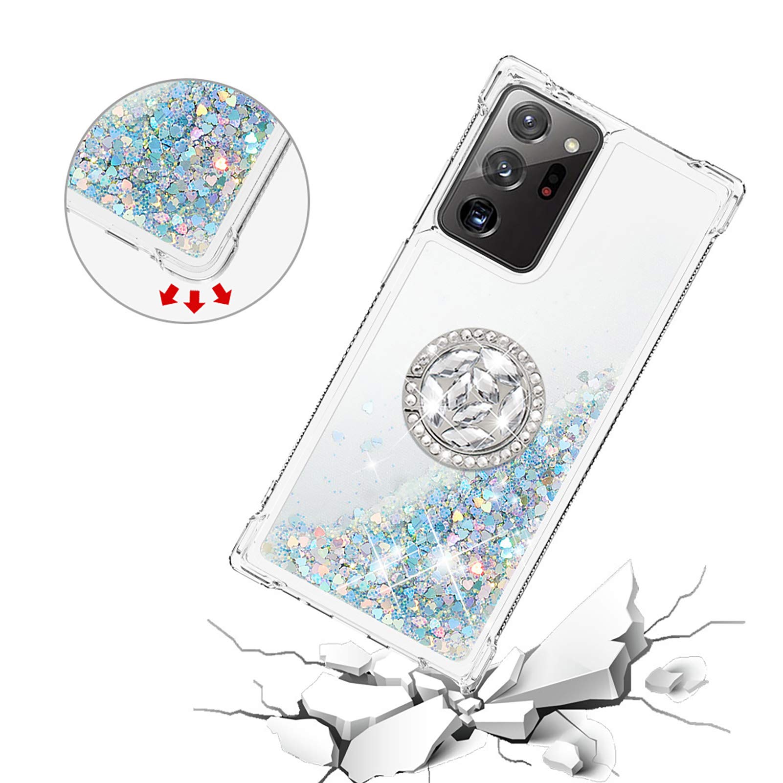 Liquid Phone Case for Galaxy Note 20 Ultra with Ring Stand, Bumper Case Bling Waterfall Liquid Case Resistant Silicone Back Case Glitter Protective Cover Compatible with Samsung Galaxy Note 20 Ultra