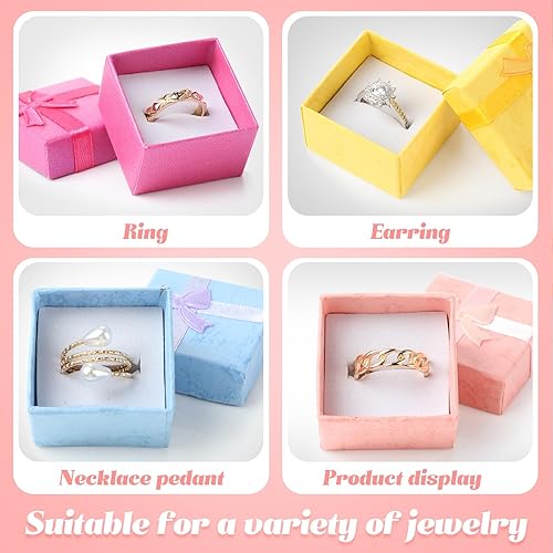 Miniatura 6 de Yinkin Juego de 120 cajas de regalo de anillo de cartón con lazo cuadrado de colores surtidos, caja de regalo pequeña dura para aretes, caja de