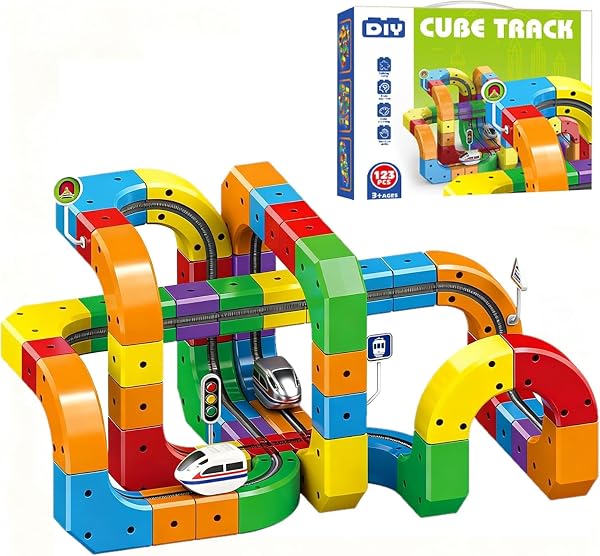 Circuit Train Electrique Clickrail, DIY Cube Track Blocs Rail Cube Klickrail, Cubix 3D Parcours Relief DéFiant Gravité, Blocs Train Magnetique Enfant, Circuit Trains électrique Enfant (123 Pièces) - 1