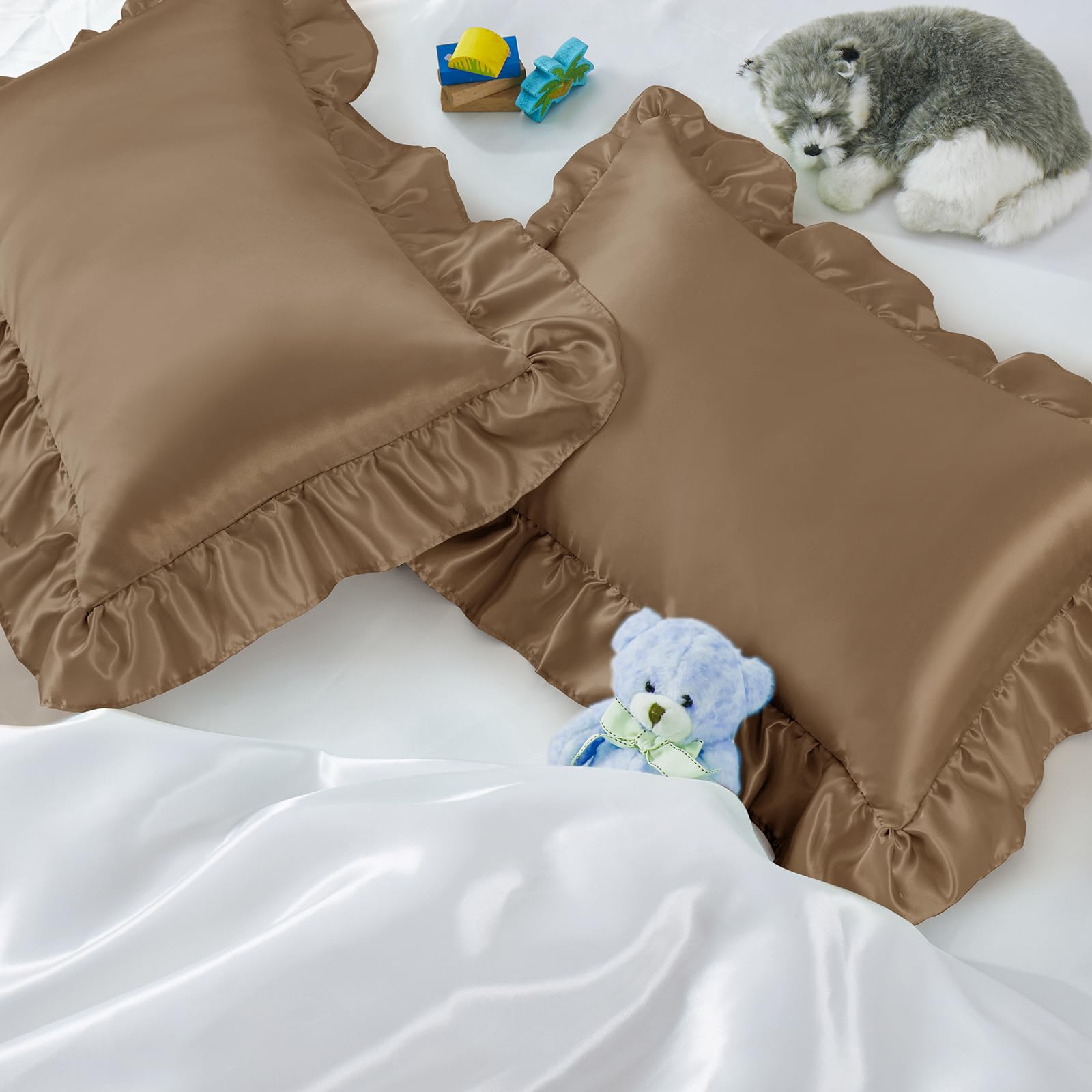 Entisn Ruffle Satin Toddler Pillowcase Set of 2, 13 x 18 Inch Toddler Silky Pillow Shams with Envelope Closure, Anti Wrinkle Soft Nursery Bedding for Girls, Boys (Camel Brown)