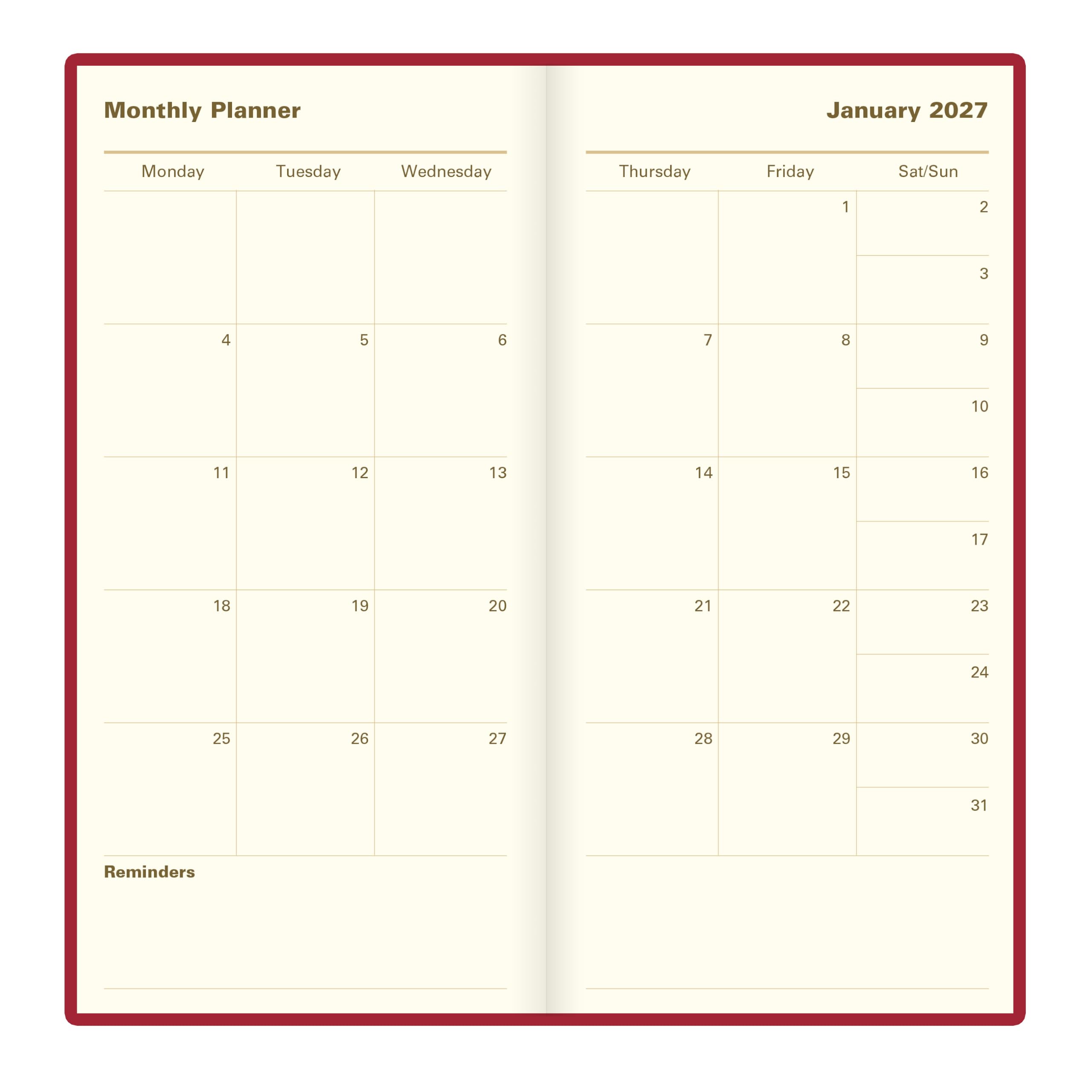 Letts of London® Agenda settimanale 2027, 12 mesi, da gennaio a dicembre, in cuoio rigenerato, formato sottile, 16,828 x 8,26 cm, inglese, bordeaux (C38SUBY)