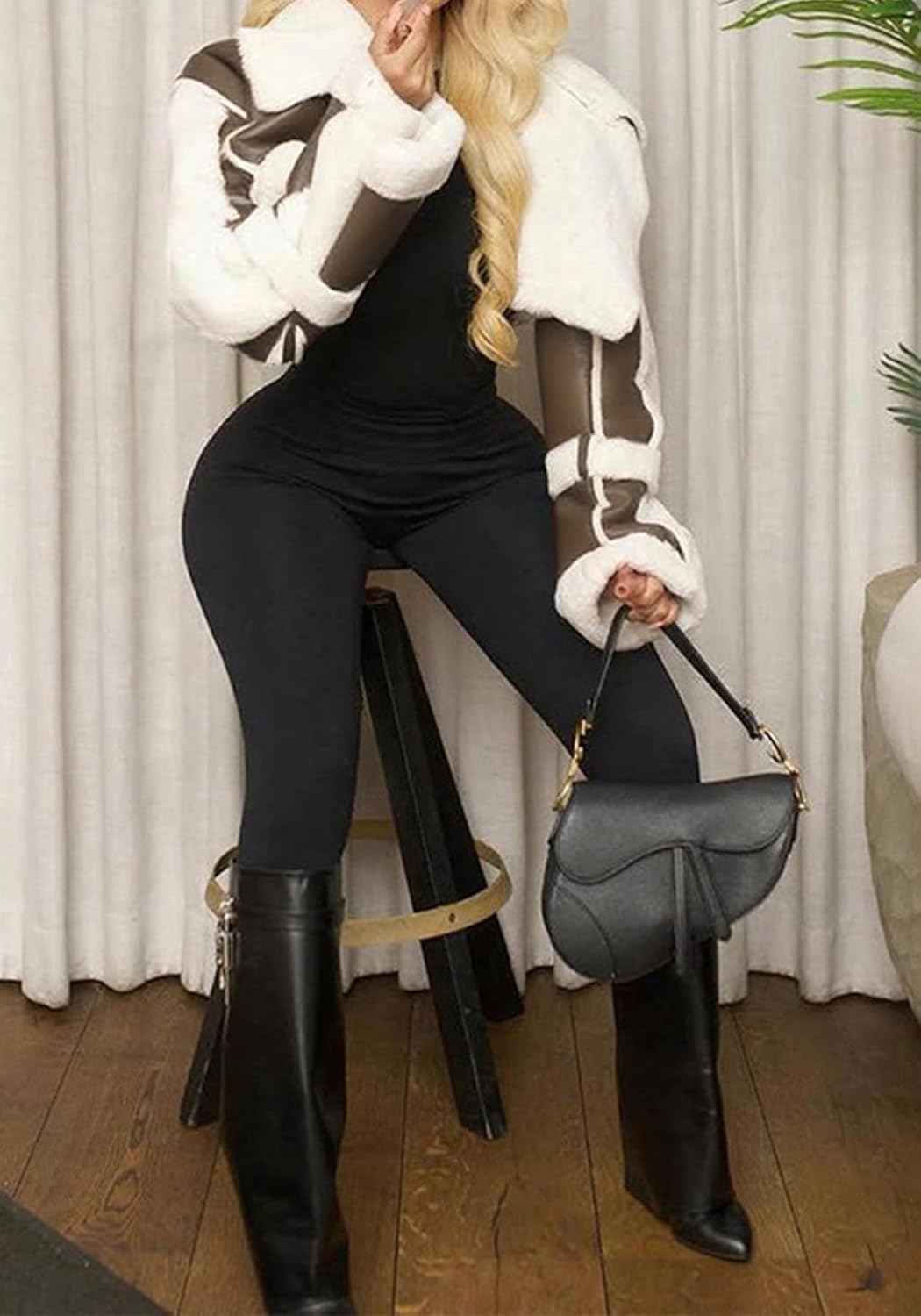 Women's Cropped PU Leather Jacket Winter Coat Fur Lined Faux Leather Jacket Shearing Moto Bomber Jackets Outwear - Image 4