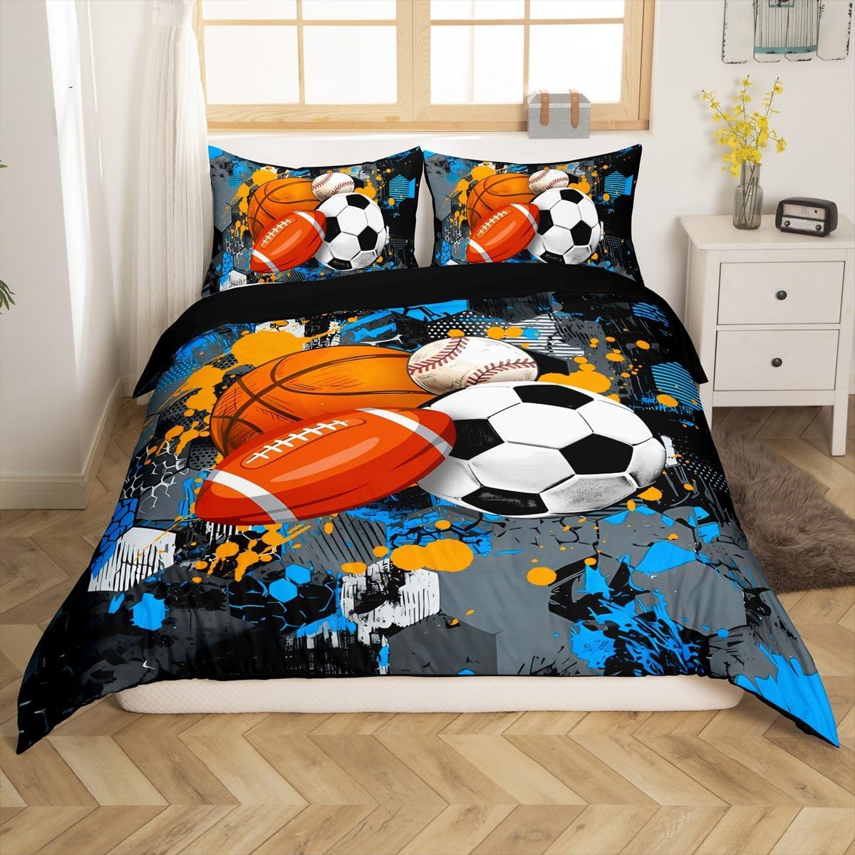 jejeloiu Ball Bedding Set Toddler Size Baseball Comforter Cover Set for Boys Girls Teens Sports Game Duvet Cover Rugby Sports Bedspread Cover Room Decor White Balck Quilt Cover，No Comforter