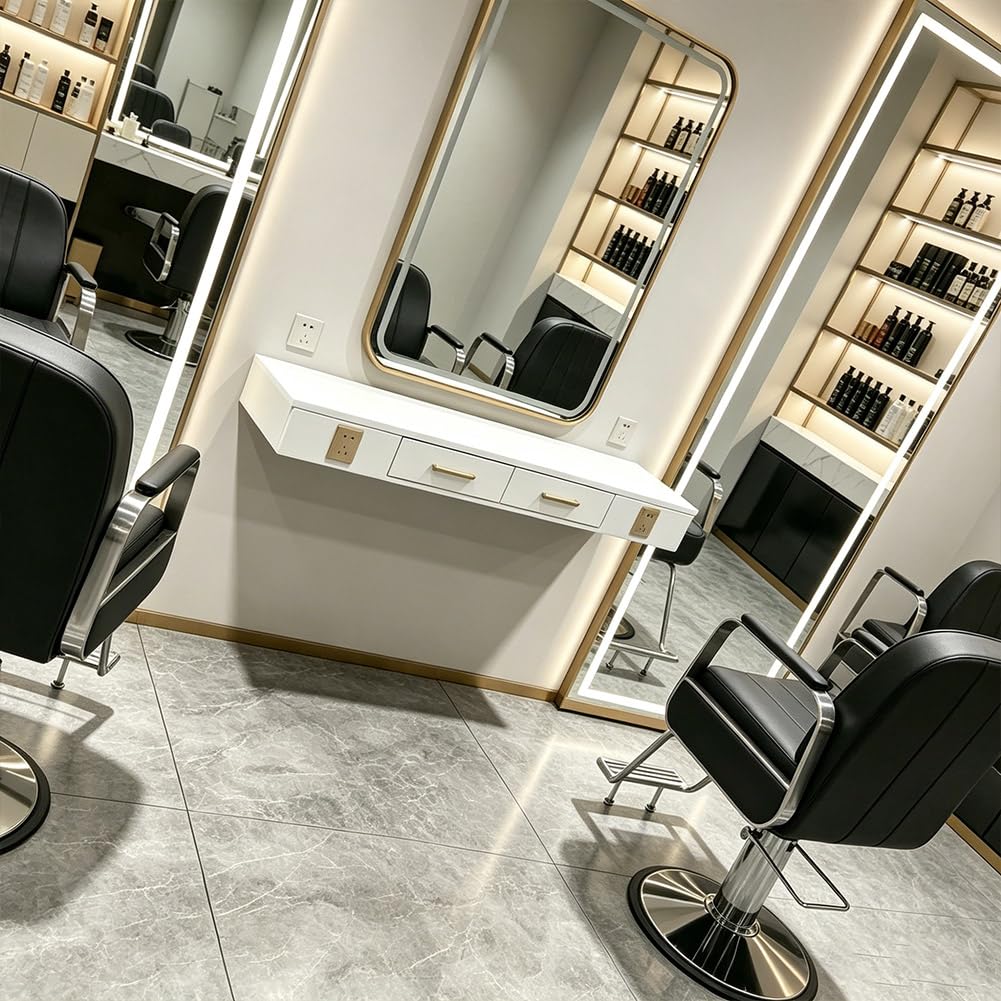 Postazione Di Lavoro Galleggiante Per Salone, Armadietto Per Attrezzi Da Barbiere in Legno Con 2 Cassetti E Scaffali A Parete Aperti, Organizzatore Per Cosmetici E Attrezzature Spa,Cc