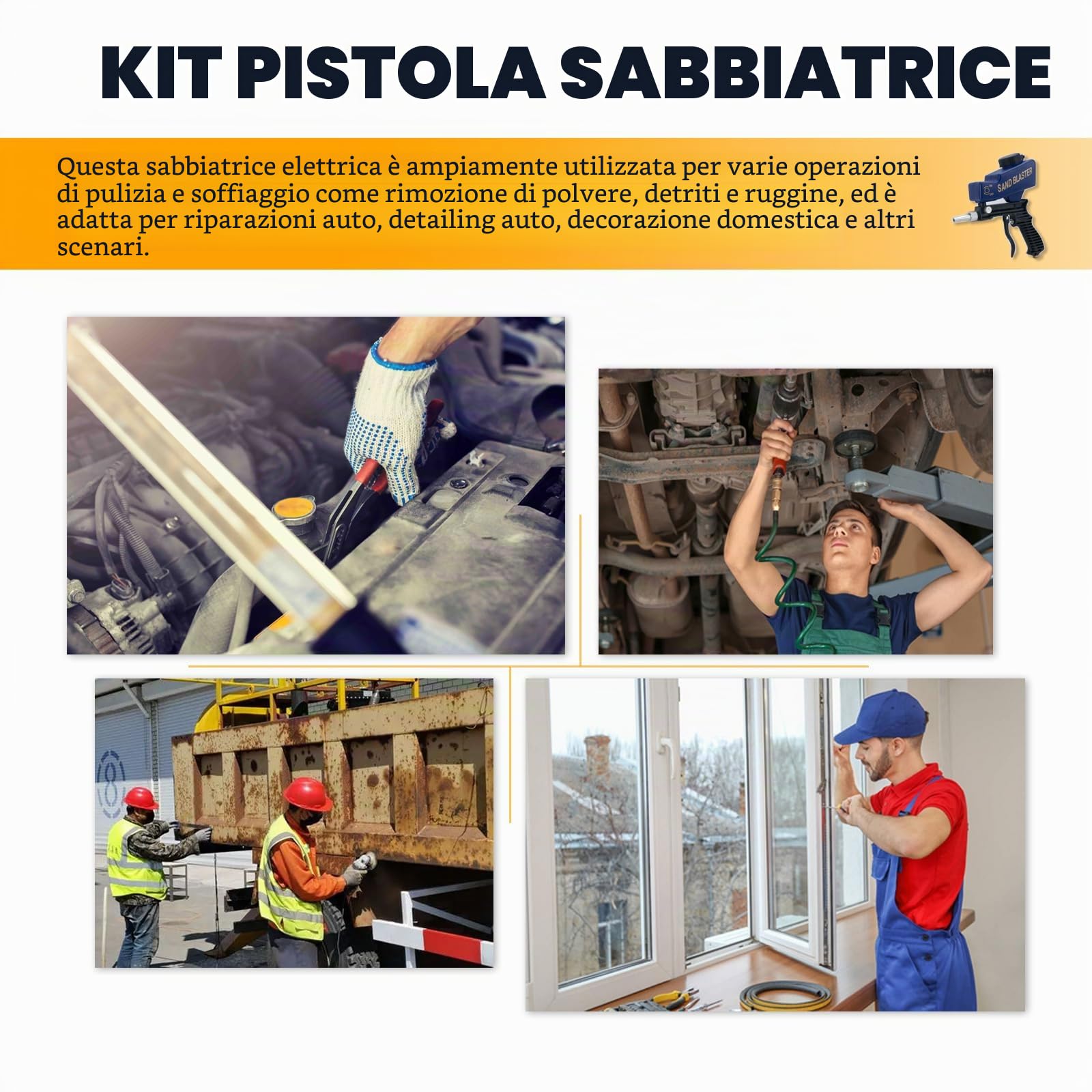Kit Pistola Sabbiatrice per Compressore d'Aria, Sabbiatrice Manuale per Metallo, Legno e Vetro, Sabbiatrice Pneumatica Portatile per Rimuovere la Ruggine fino a 120 PSI, Macchina Sabbiatrice a Soda