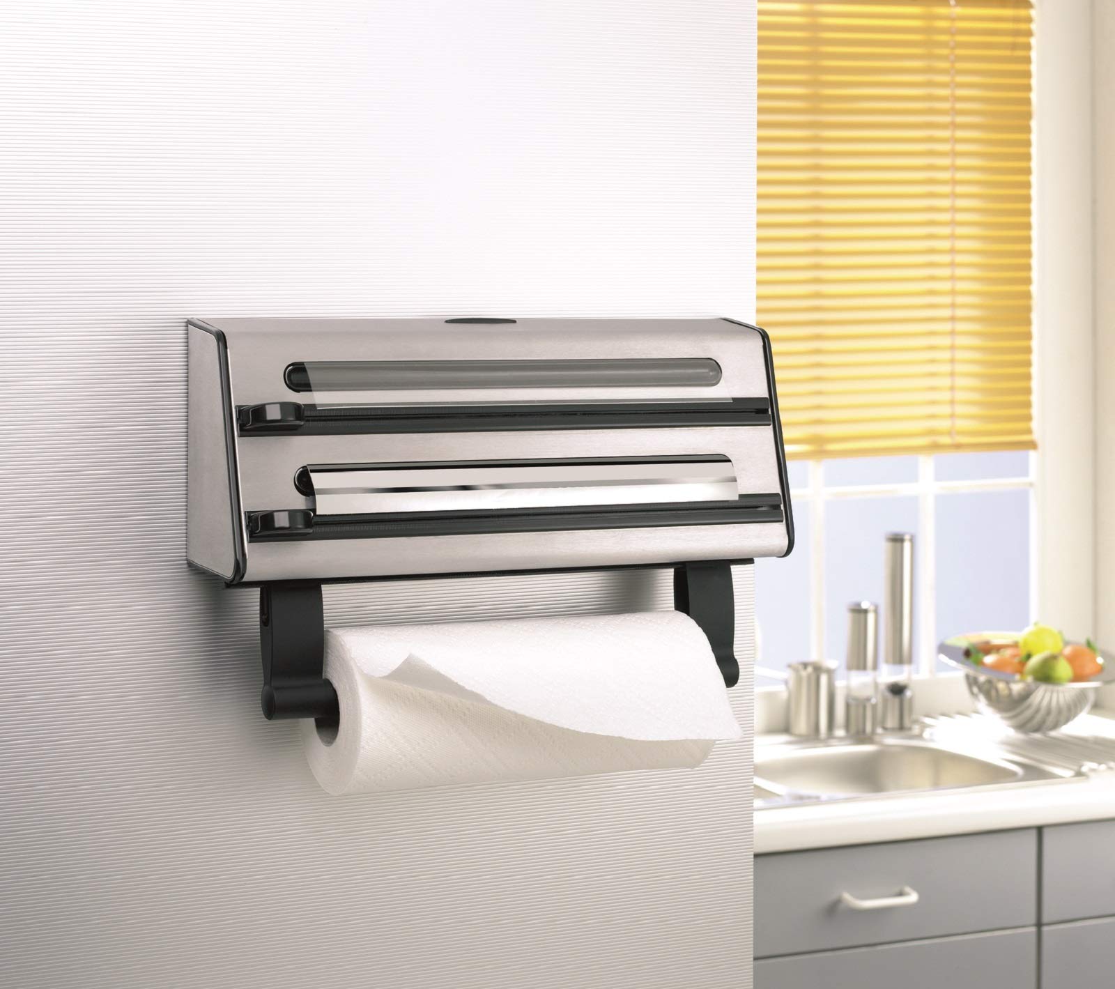 EMSA Contura Dérouleur triple, Inox, Dévidoir aluminium, film alimentaire, papier absorbant 3en1 504180, Noir et Inox, 1 - Pack