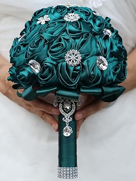 Sharebeauty 7.9 Handmade Satin Rose Bridal Bouquet Toss Round Wedding Bouquet Throw Toss Artificial Flower Bunch Dark Green