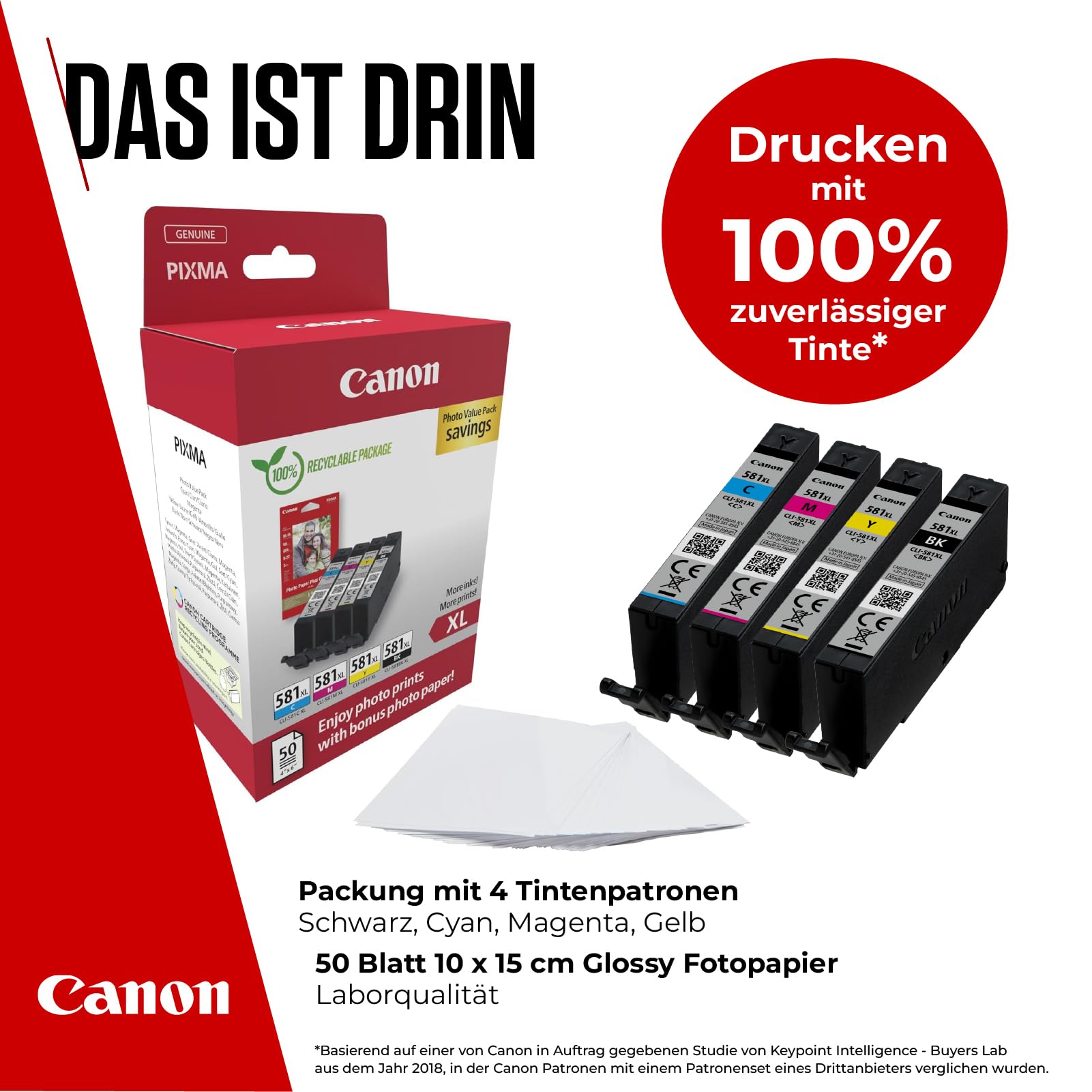 Canon CLI-581 XL C M Y BK Vorteilspack 4 Tintenpatronen größere Reichweite (Schwarz, Cyan, Magenta, Gelb) Original [Umweltfreundliche Recycle-Kartonverpackung 2024]