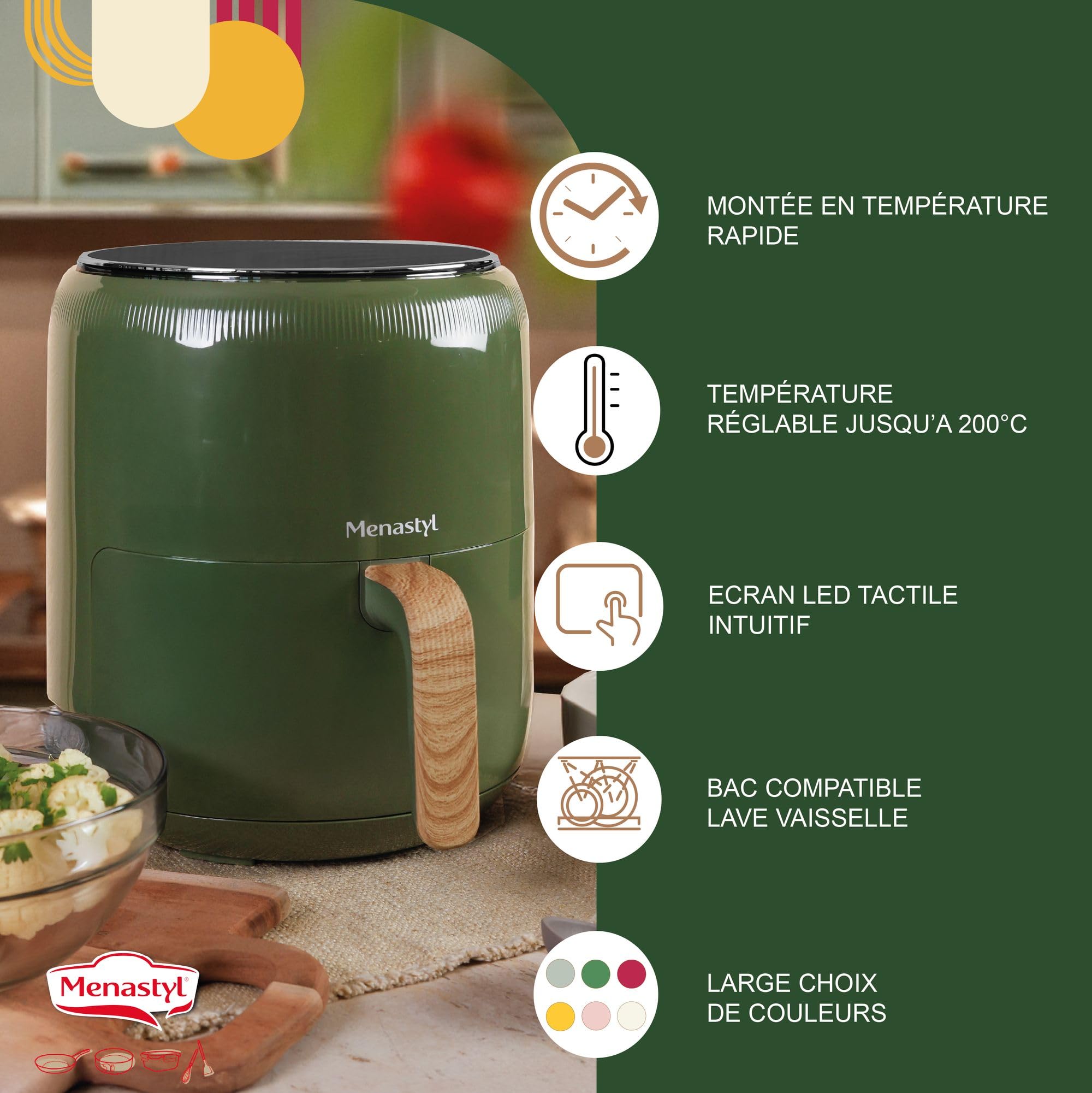 MENASTYL - Friggitrice senza olio ad aria calda Colorama - Oliva - senza PFAS - 4.5L - 8 programmi - Temperatura fino a 200°C - Timer 1 ora - Cestino e griglia lavabili in lavastoviglie - 6025006