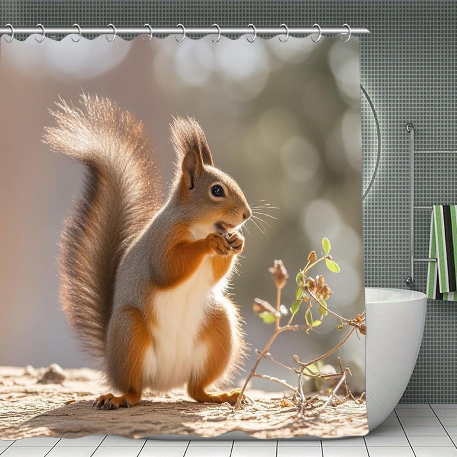 FekiLoot Squirrel Funny Animal Shower Curtain Minimalist Thick Bathroom Curtain Washable Modern Bathroom Shower Curtain Heavy Duty Waterproof Cloth Bath Curtain with Hooks 70.8"x70.8"