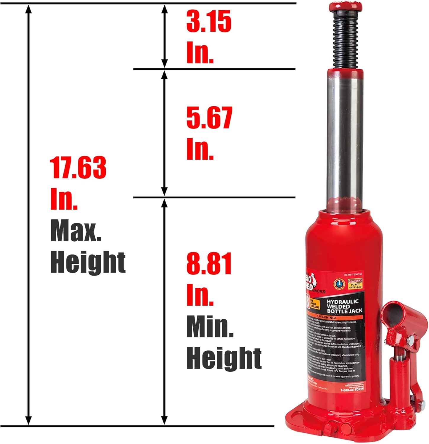 BIG RED T90803B Torin Hydraulic Welded Bottle Jack, 8 Ton (16,000 lb) Capacity, Red : Industrial & Scientific
