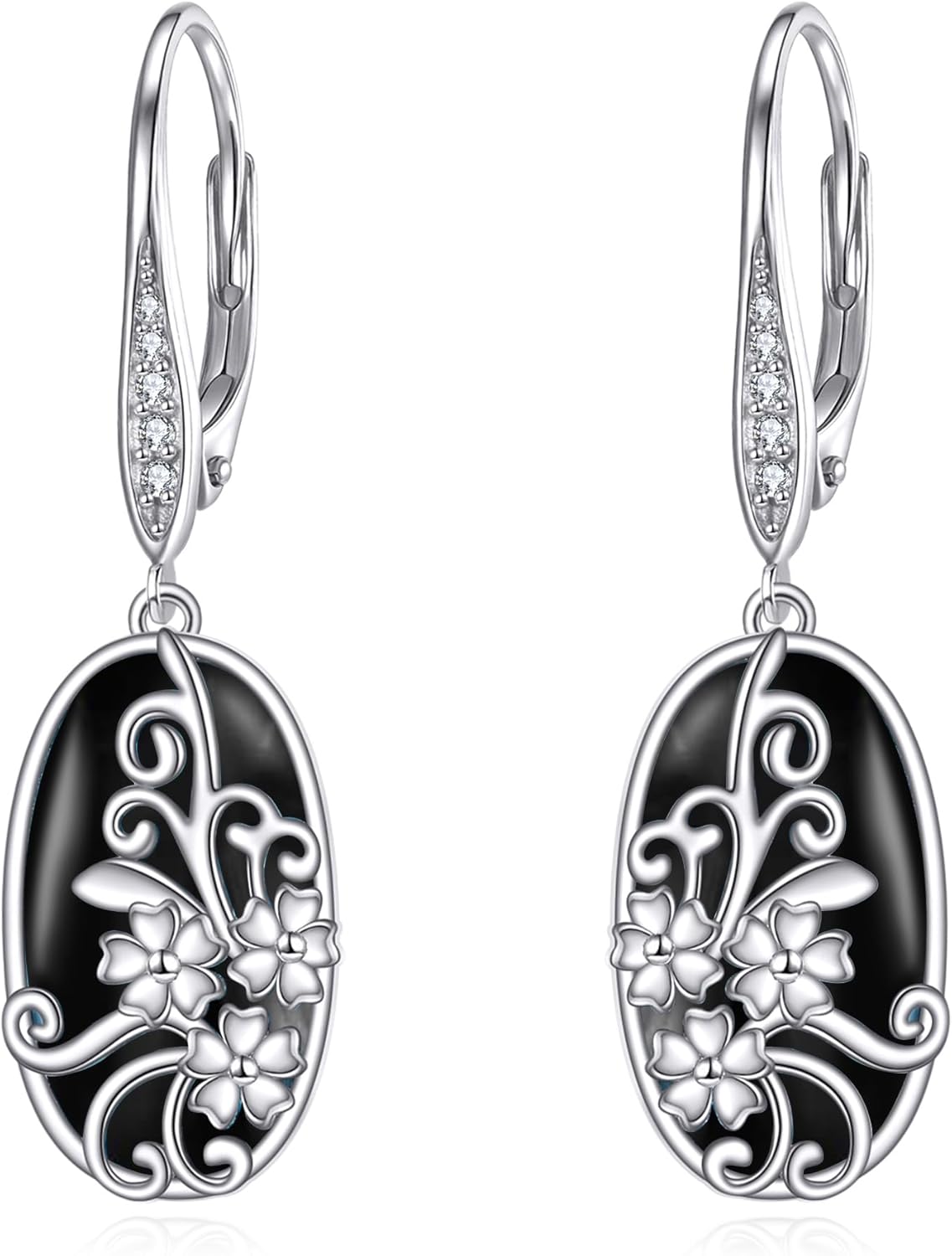 URONE Black Onyx/Turquoise Filigree Earrings 925 Sterling Silver Tree of Life Leverback Dangle Earring Filigree Jewelry Gifts for Women