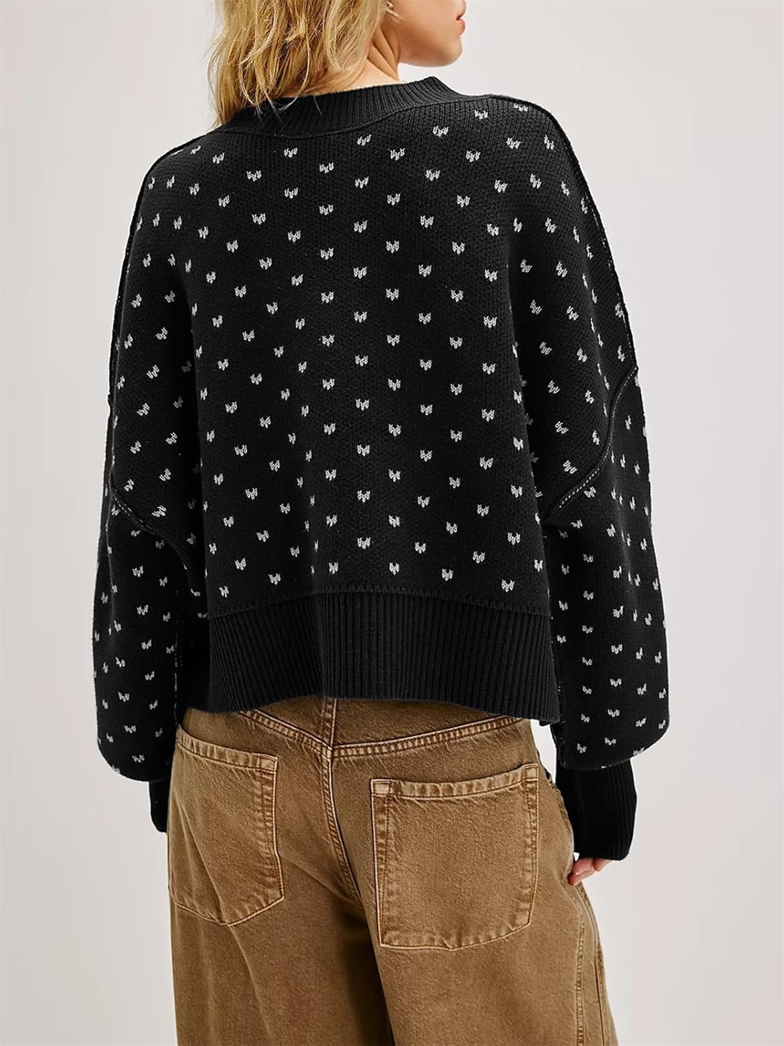 Women's Cropped Sweater Long Sleeve Polka Dots Crewneck Knit Casual Soft Pullover Sweater Top - Image 3