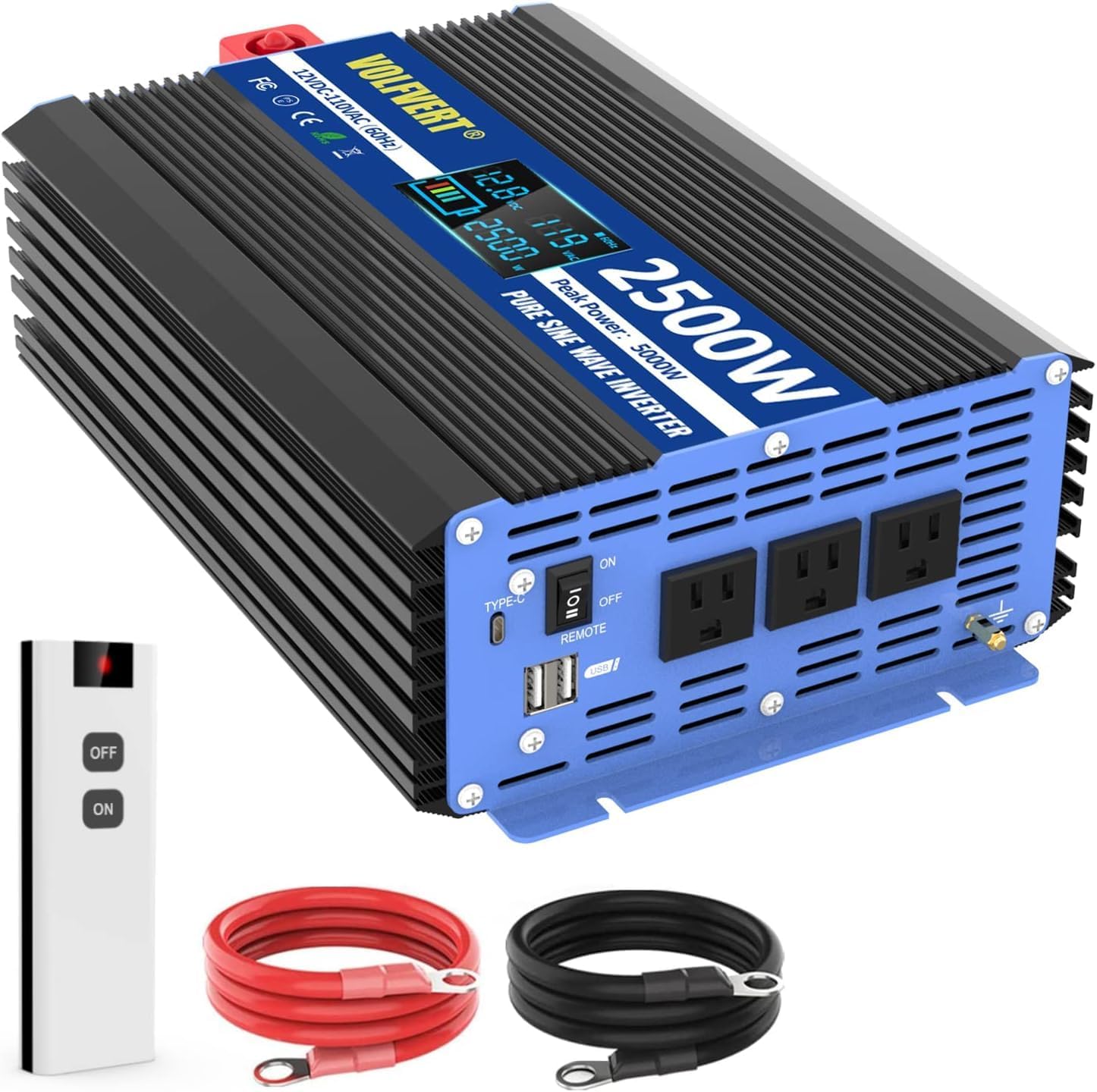 4000W Pure Sine Wave Power Inverters DC 12V to AC 110V 120V with Type-C 4 AC Outlets Dual USB Ports Terminal Blocks LCD Display Wireless Remote Controller for Home RV Solar System Car