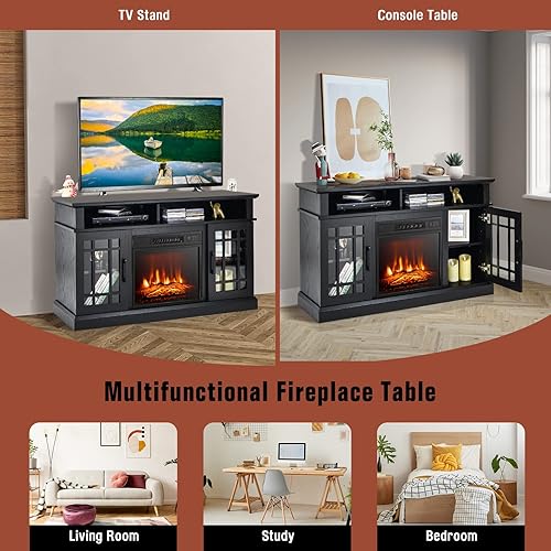 Miniatura 8 de GOFLAME Soporte de TV con chimenea para TV de hasta 55 pulgadas, centro de entretenimiento de madera independiente con chimenea eléctrica de 18