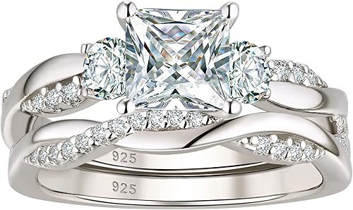 Wuziwen Juego de anillos nupciales de boda de 1 quilate de plata de ley con circonita cúbica princesa AAAAA tamaño 5-10