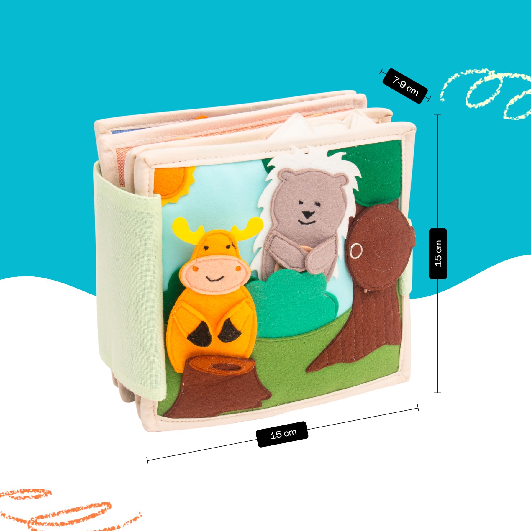 Jolly Designs Mini Quiet Book Les Amis des Animaux – Jouet Montessori dès 12 Mois – Livre sensoriel & Livre Tissu pour Enfant – Book Fait Main avec 6 Pages d’activités – Jouet éducatif & de Voyage