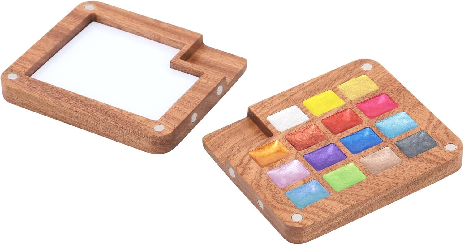 Soho Urban Artist Mini Wooden Travel Watercolor Palette of 15 Metallic Colors - Professional Watercolor Paint Set for Plein Air Artists, Semi-Moist Pans, Pocket (Pack of 2)