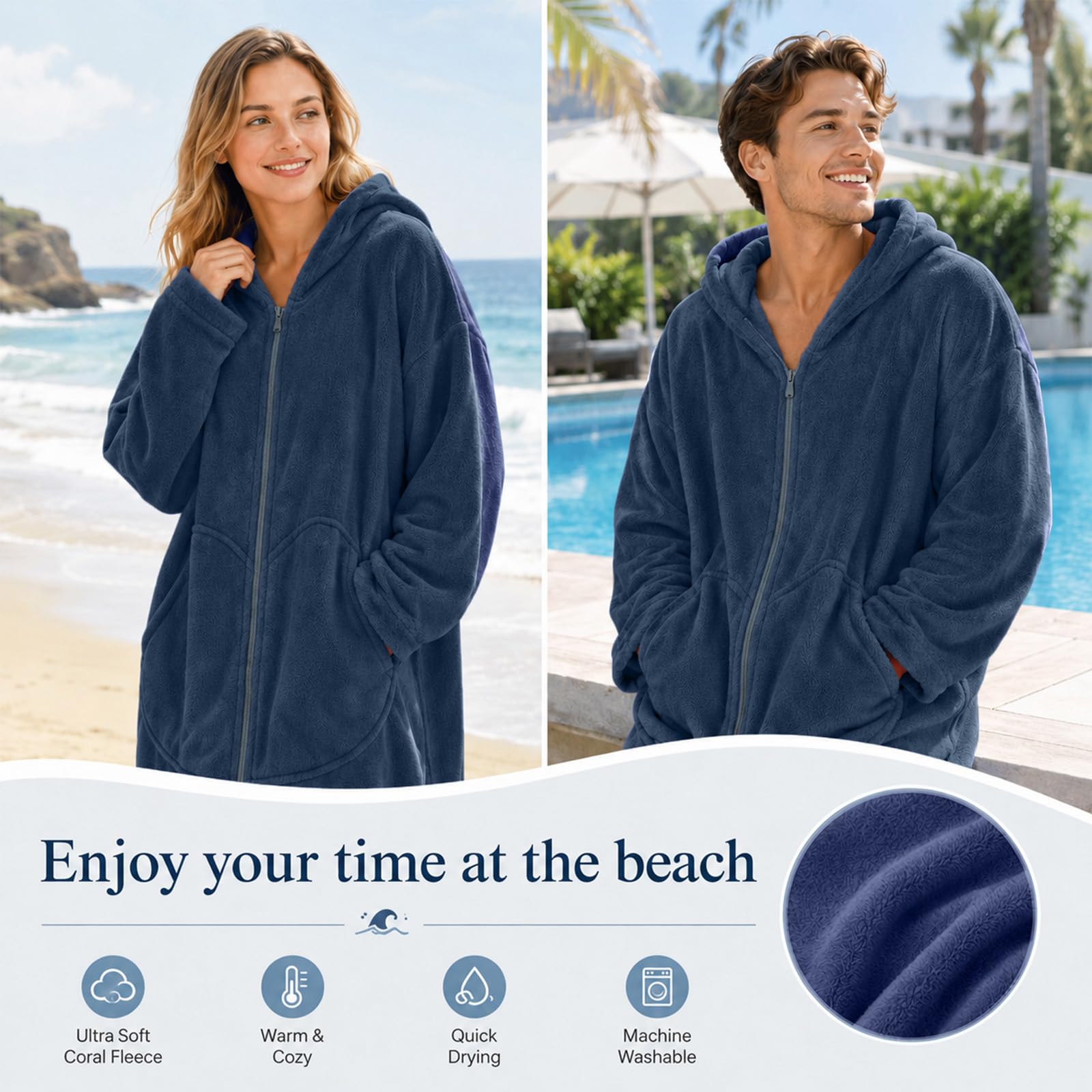 Surf Poncho Handtuch Badeponcho mit Kapuze Changing Robe badeponcho für Damen Herren, Schnelltrocknend, Leicht, Ideal für Strand, Schwimmen, Camping (Dunkelblau)