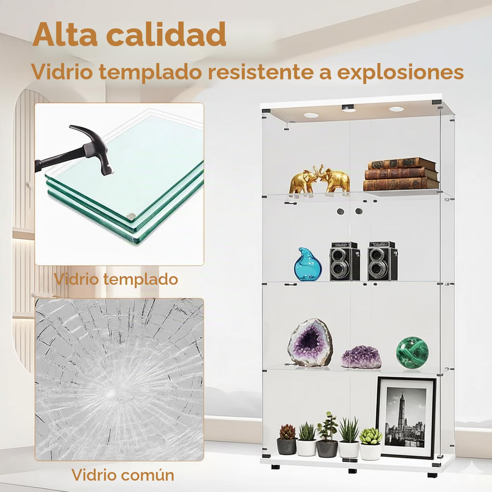 Vitrina de cristal con iluminación LED, gabinete de exhibición blanco 164,5 x 80,6 x 36,5 cm, puertas de cristal con cerradura, vitrina de pie con 2 luces LED, vidrio de seguridad templado