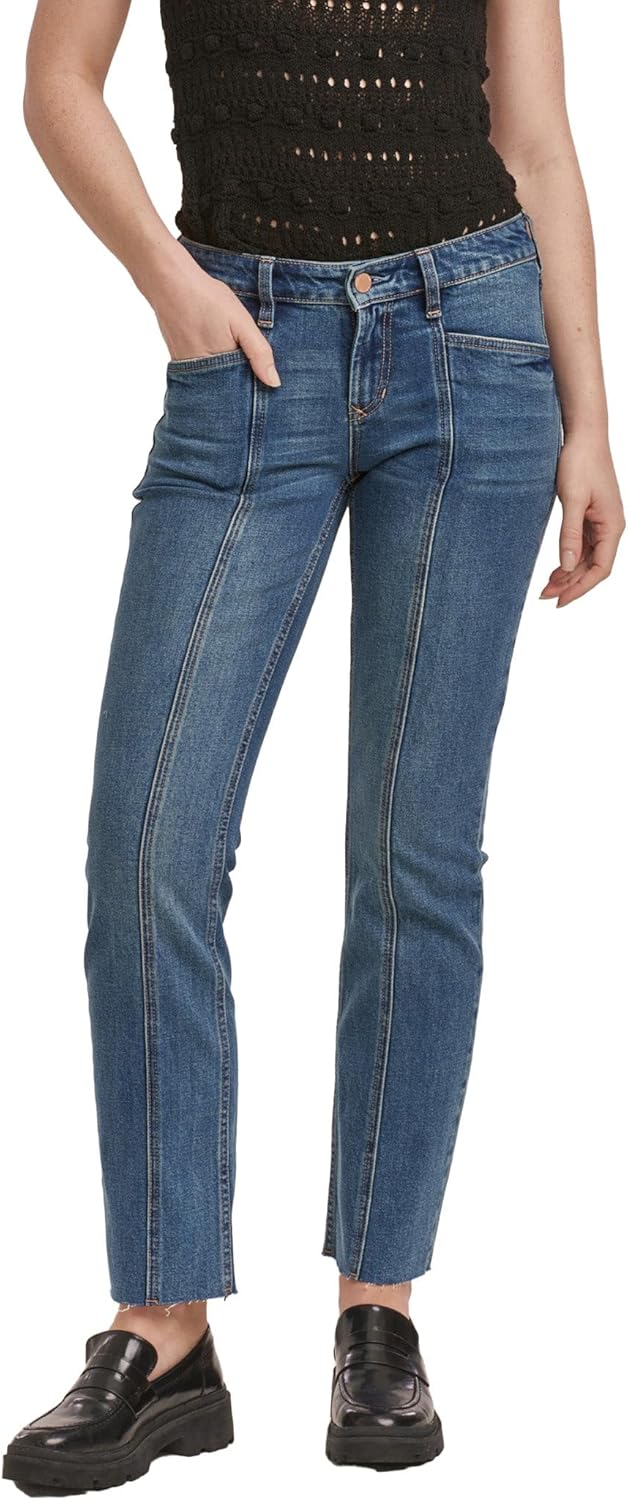 DEAR JOHN Playback Straight Leg Jeans Women ’s Low Rise Full Inseam Raw Hem Front Seam Detail Denim