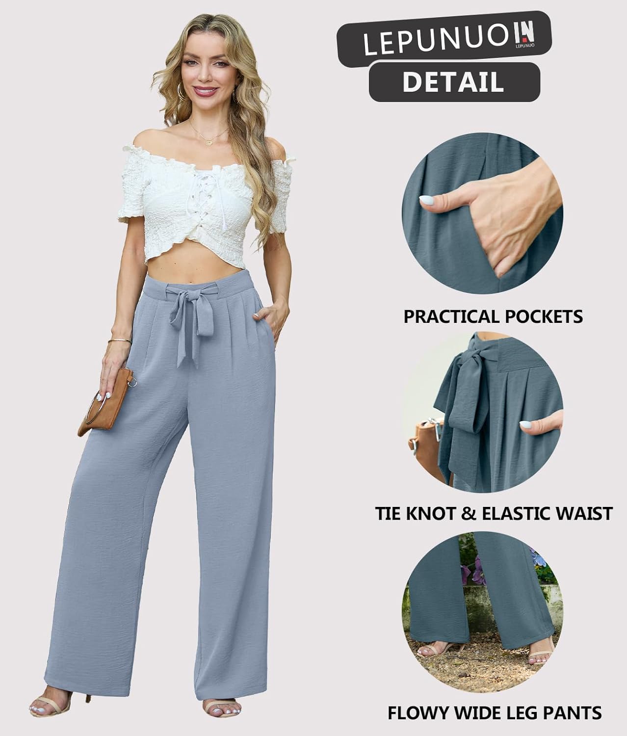 Lepunuo Women's High Waisted Wide Leg Flowy Pants Casual Palazzo Pants Work Adjustable Tie Knot Pants with Pockets - Image 4