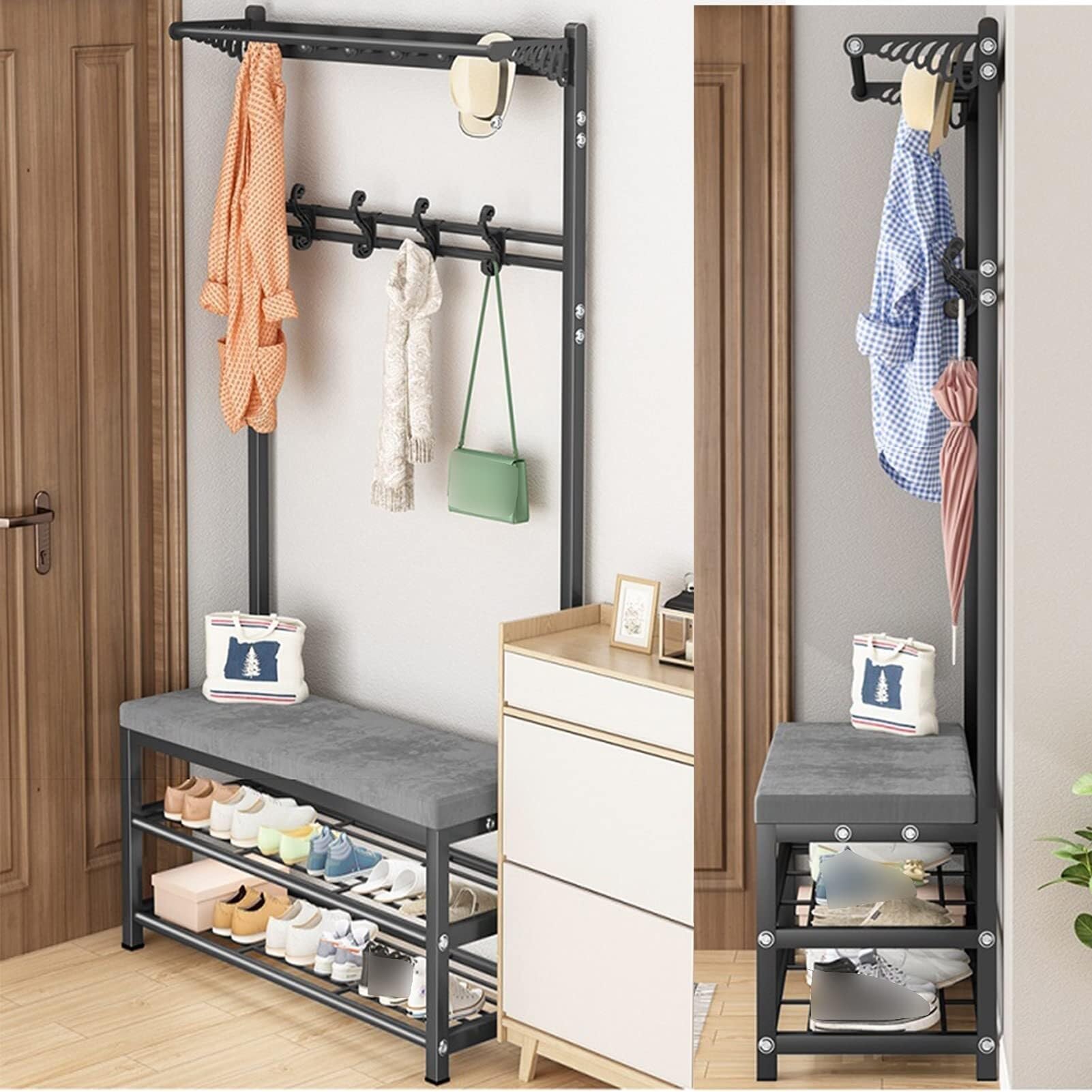 Stojak na ubrania 3 w 1, z ławką na buty, 14 haczykami, podwójnym schowkiem na buty, wolnostojący, do przedpokoju, przedpokoju (niebiesko-biały, 80 x 33 x 170 cm)