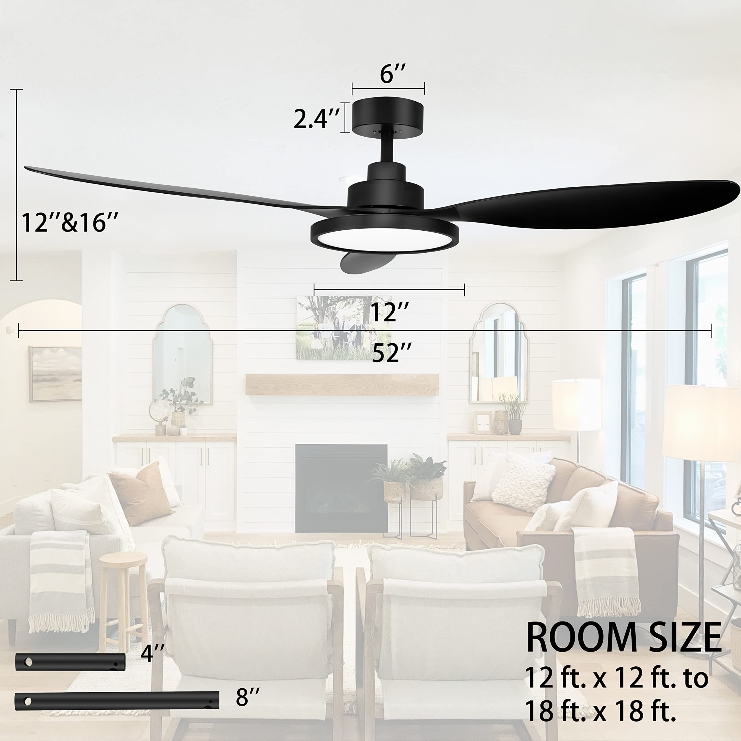 Ohniyou 52" Ceiling Fan with LED Light and Remote Control Matte Black Outdoor Ceiling Fan for Patios with Light Small Modern Flush Ceiling Light 6-Speed Reversible Motor 3 Colors Light for Bedroom