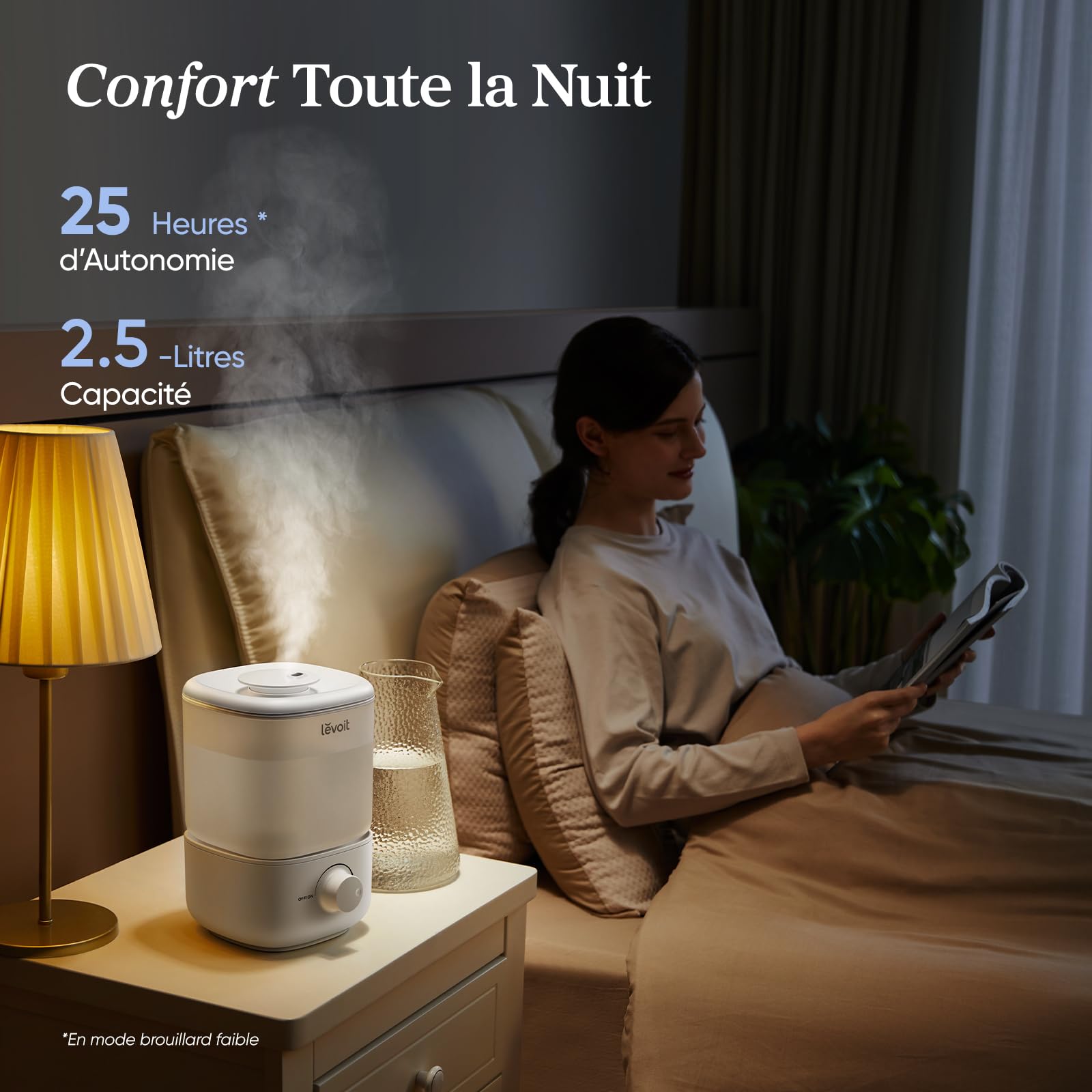LEVOIT Humidificateur d'air bébé Top-Fill, 2.5 L Jusqu'à 25H, 23 dB Silencieux, Arrêt Auto, Buse à 360°, Mini Conception avec Bouton facile à utiliser sans BPA pour Chambre, Blanc